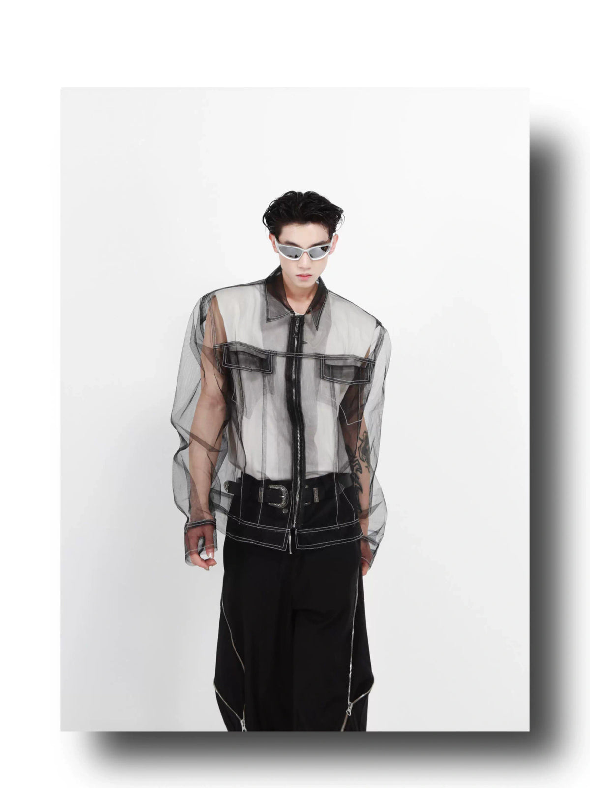 Longline Black Cotton Mesh Shirt Jacket - description image 2