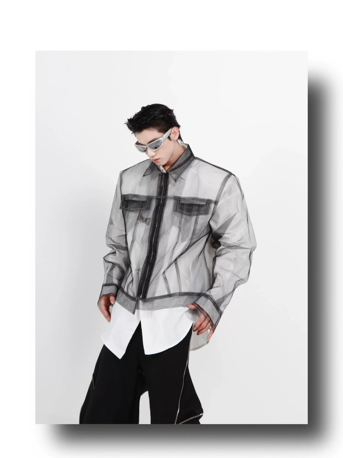Longline Black Cotton Mesh Shirt Jacket - description image 3
