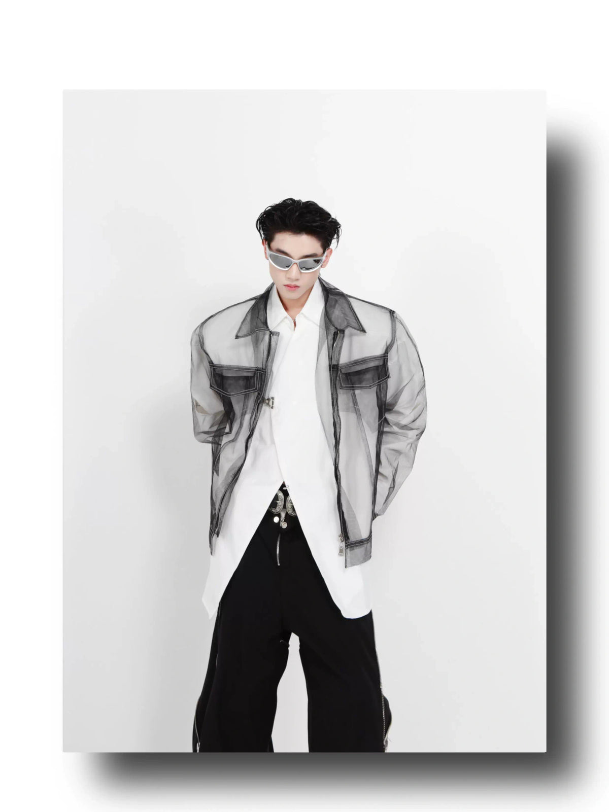 Longline Black Cotton Mesh Shirt Jacket - description image 4