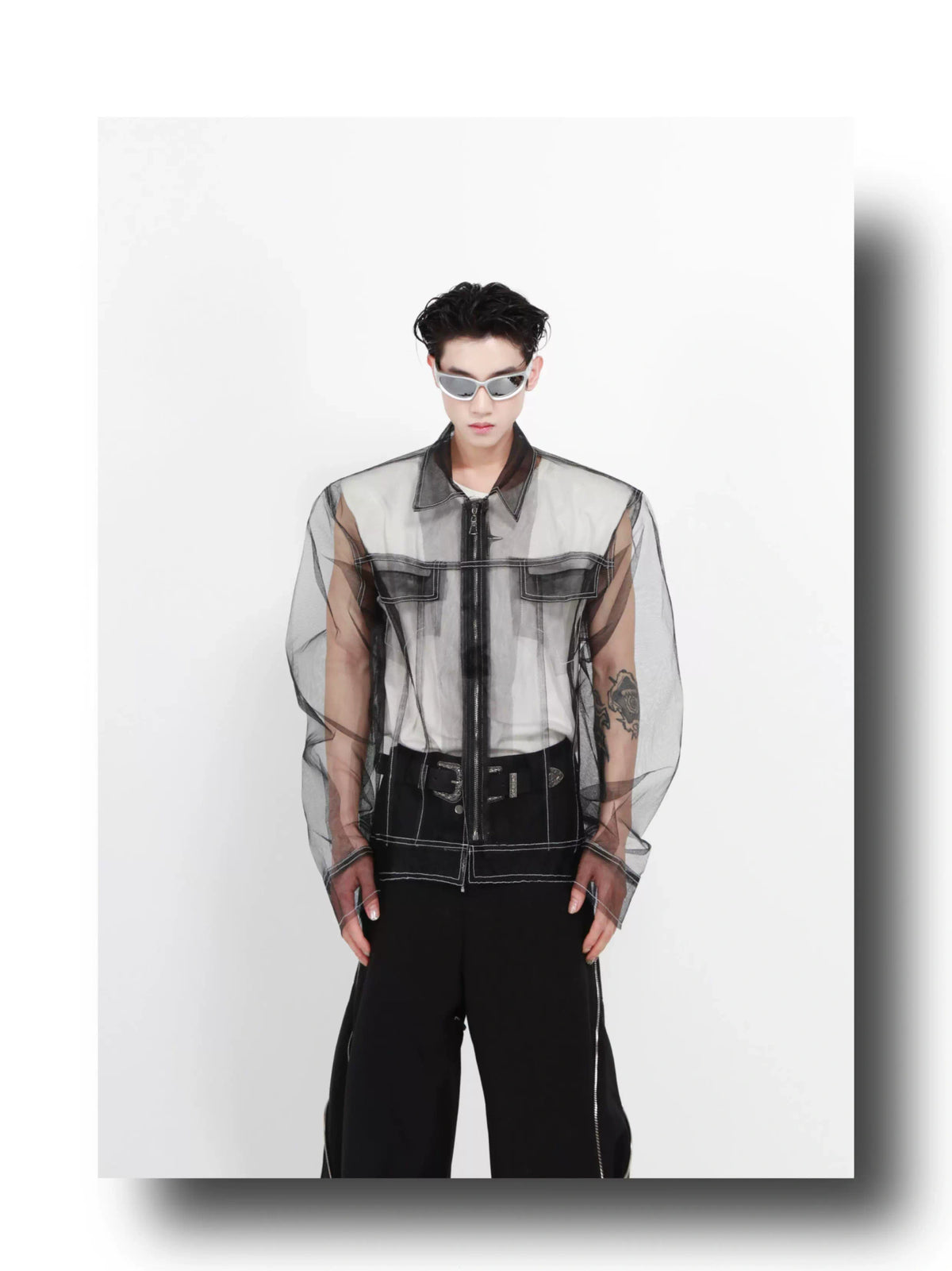 Longline Black Cotton Mesh Shirt Jacket - description image 5
