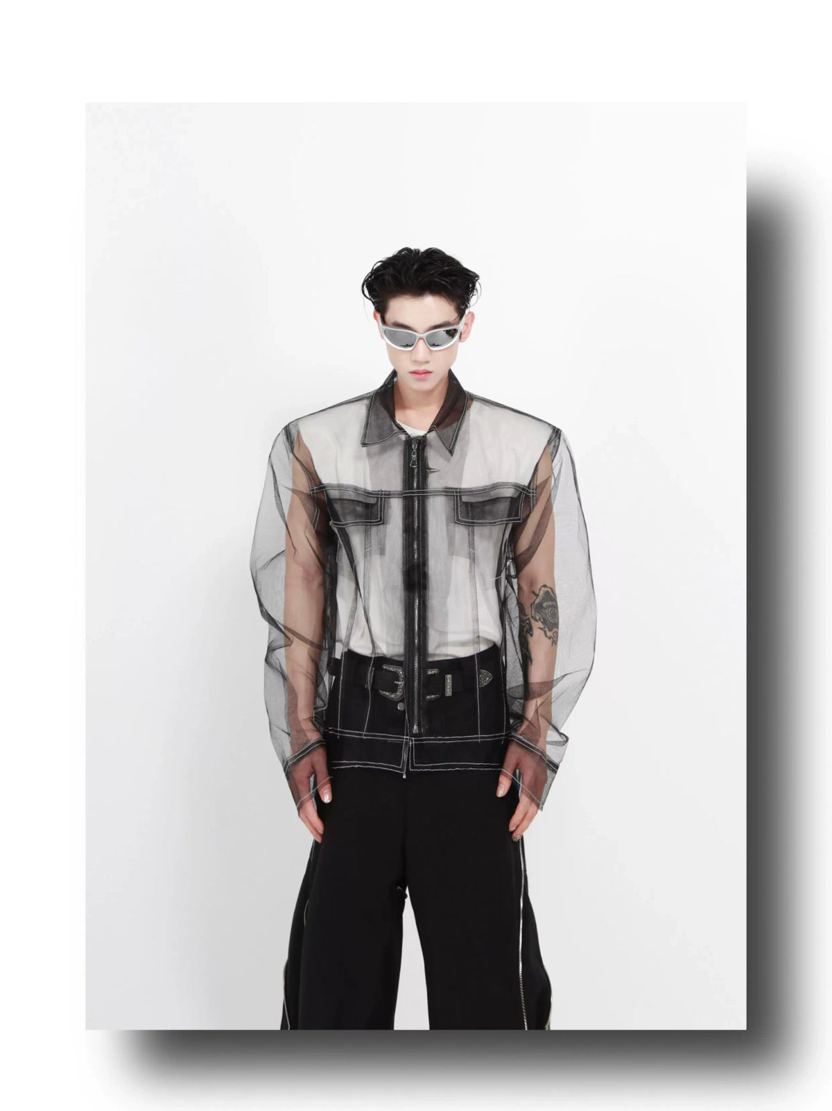 Longline Black Cotton Mesh Shirt Jacket - description image 6