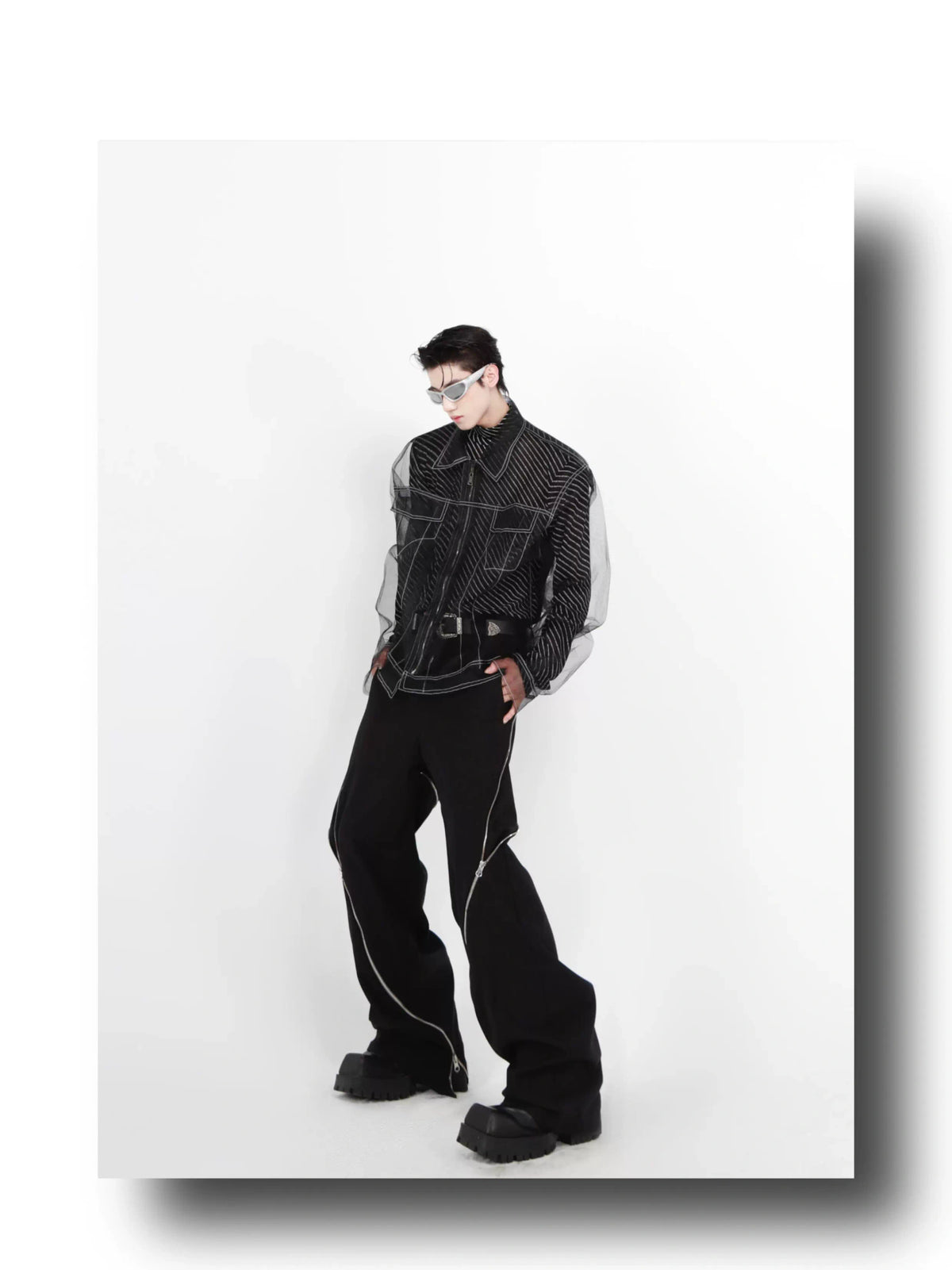 Longline Black Cotton Mesh Shirt Jacket - description image 7