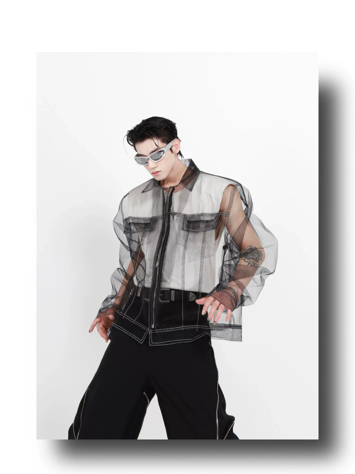 Longline Black Cotton Mesh Shirt Jacket - description image 8