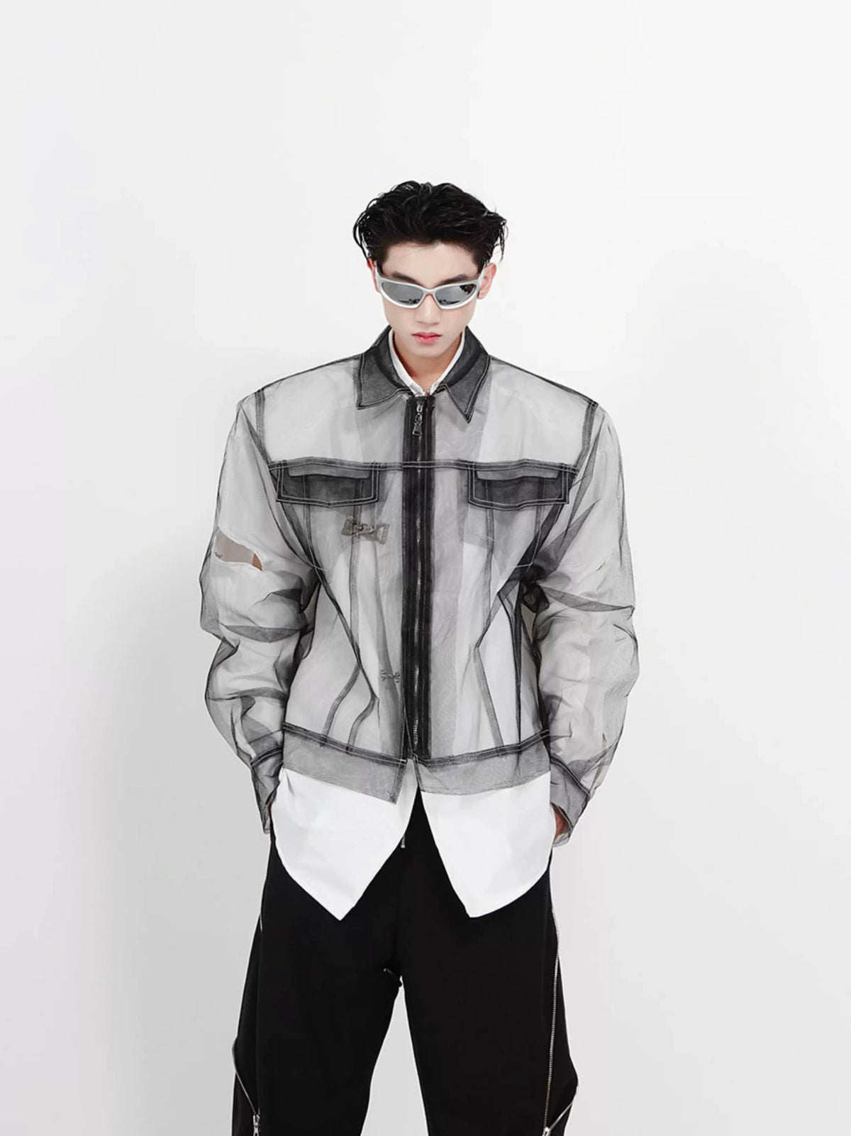 Longline Black Cotton Mesh Shirt Jacket - description image 9
