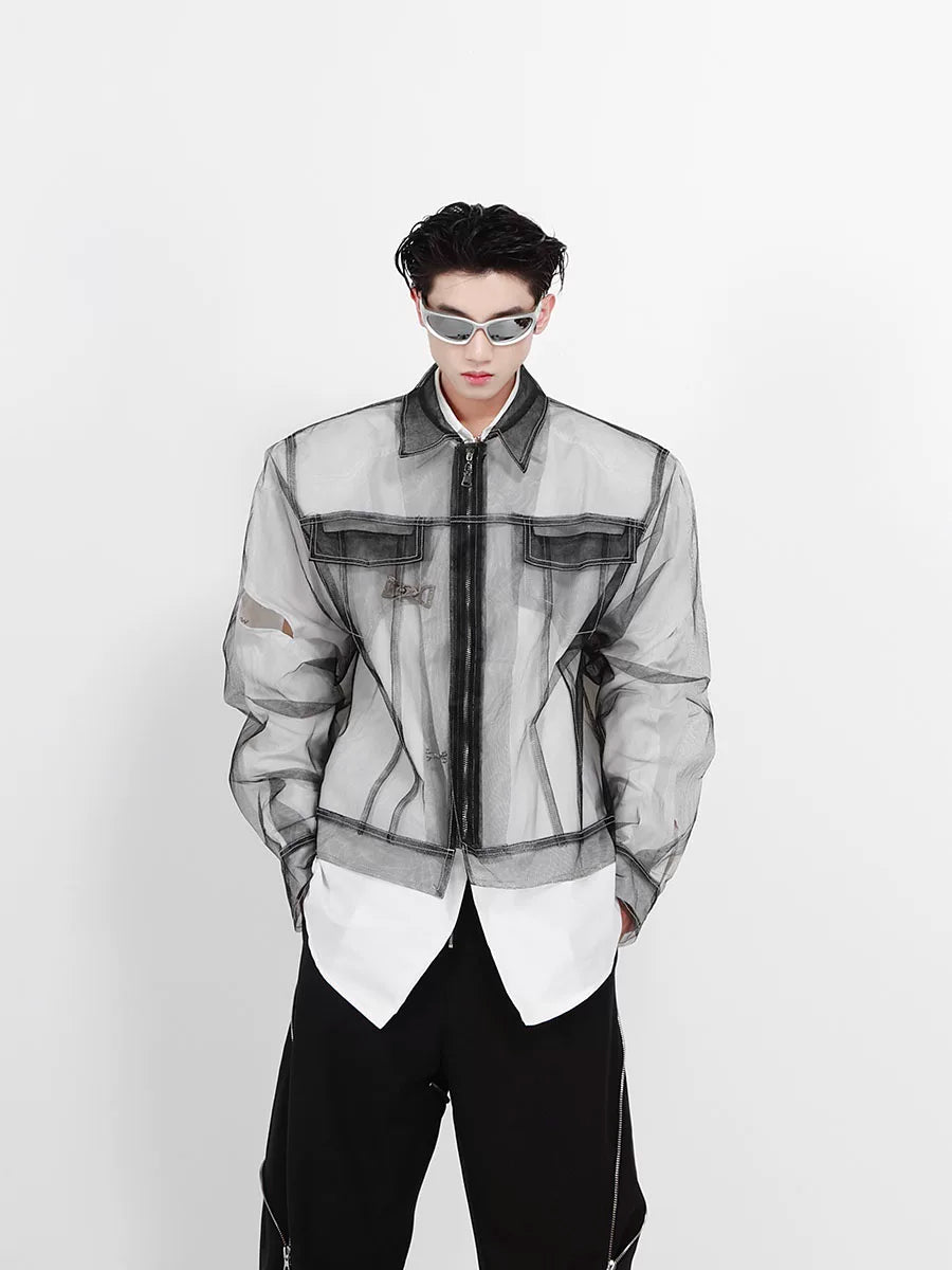 Longline Black Cotton Mesh Shirt Jacket - main image 1