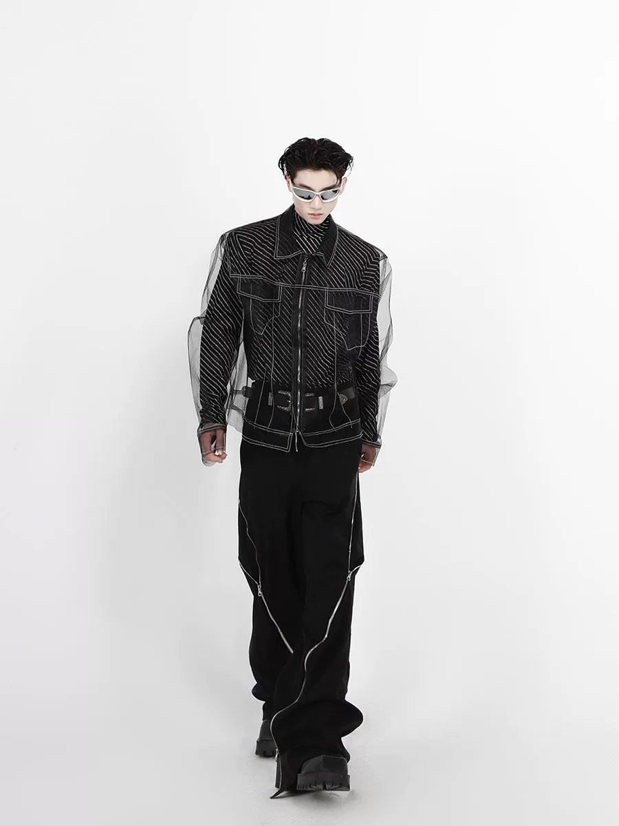 Longline Black Cotton Mesh Shirt Jacket - Black