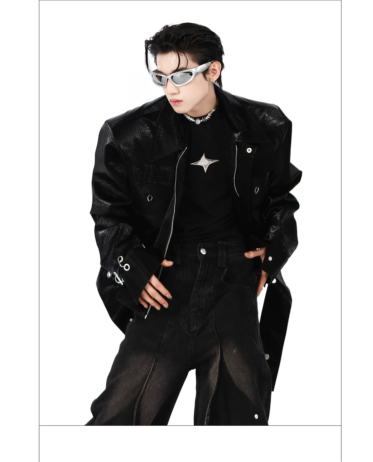Crocodile-Texture PU Cropped Jacket | Zip Front - description image 6