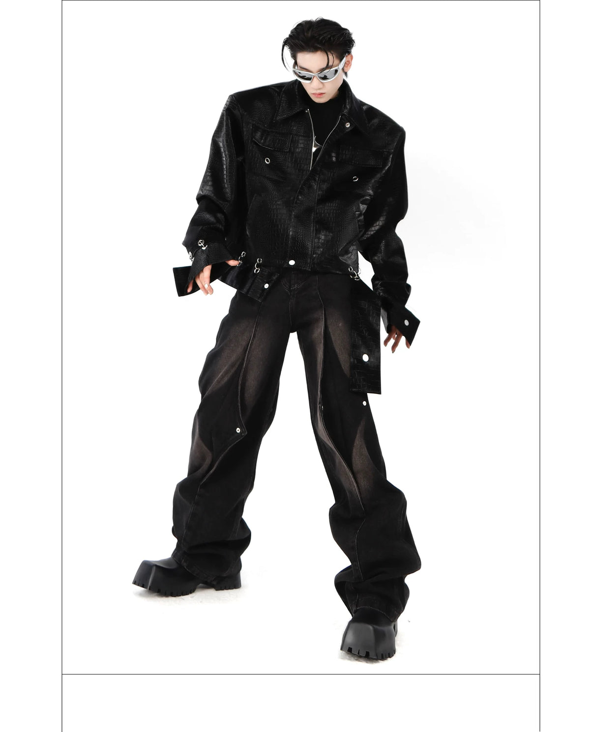 Crocodile-Texture PU Cropped Jacket | Zip Front - description image 11
