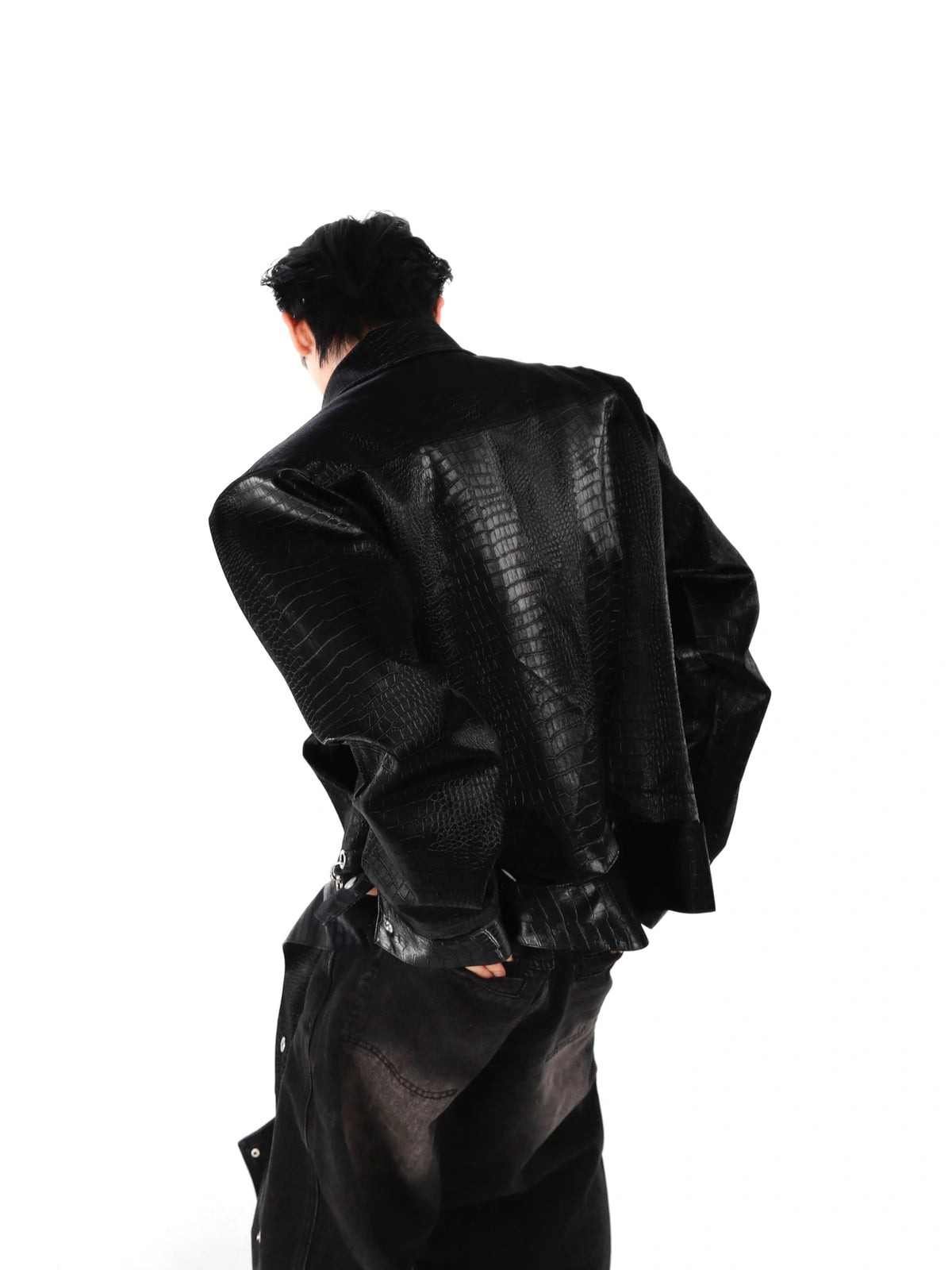 Crocodile-Texture PU Cropped Jacket | Zip Front - main image 2