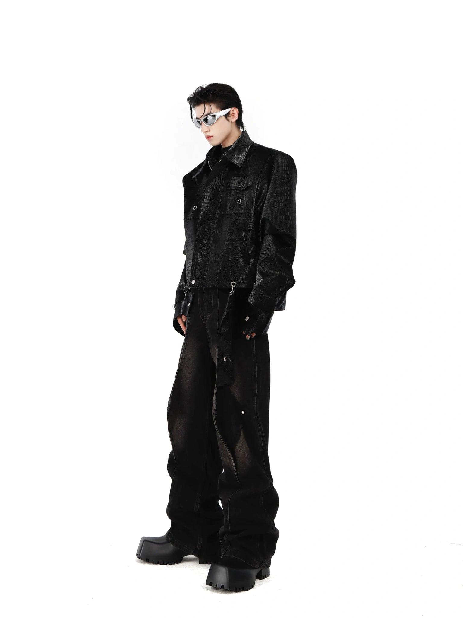 Crocodile-Texture PU Cropped Jacket | Zip Front - main image 5