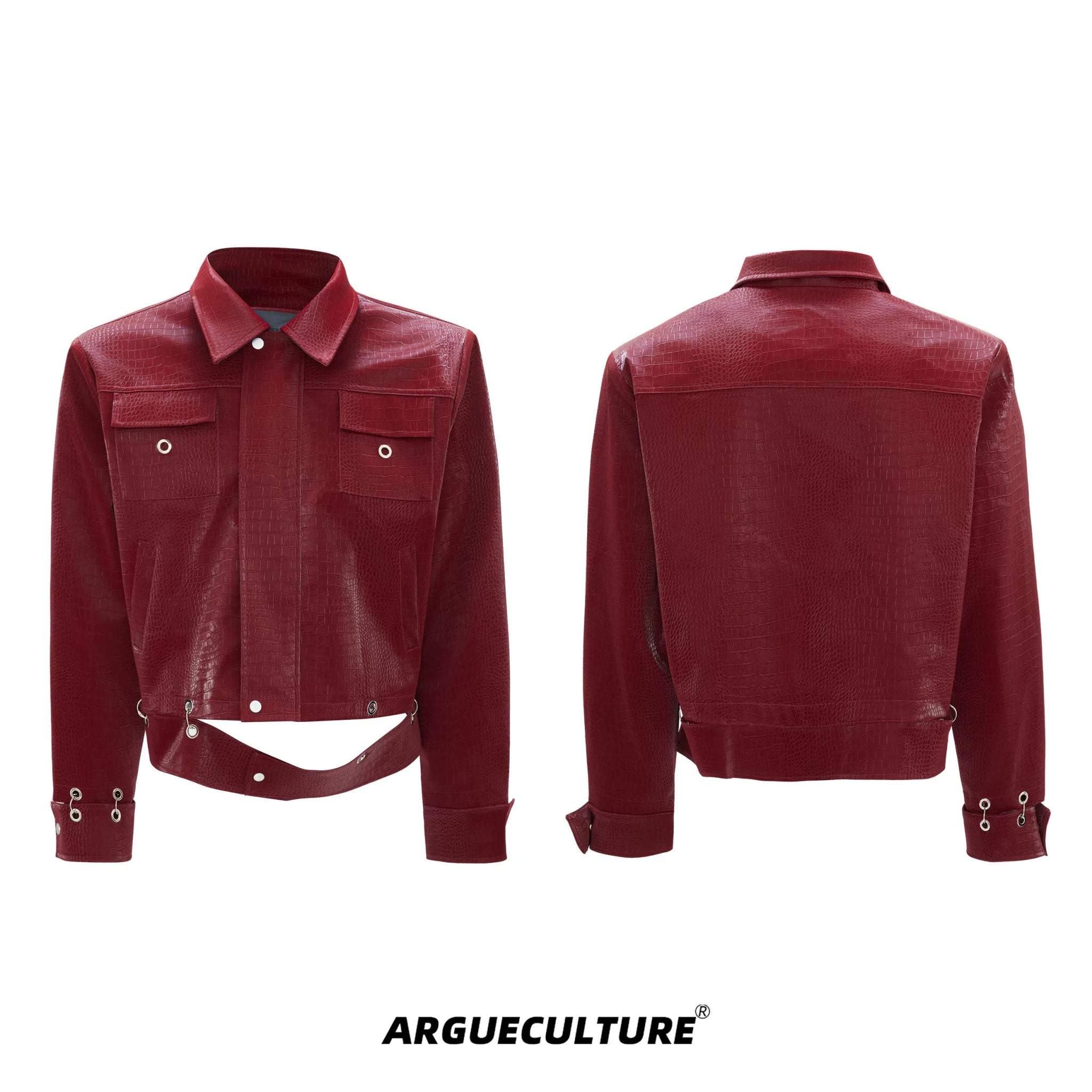 Crocodile-Texture PU Cropped Jacket | Zip Front - Red Top