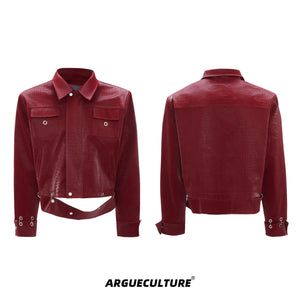 Crocodile-Texture PU Cropped Jacket | Zip Front - Red Top