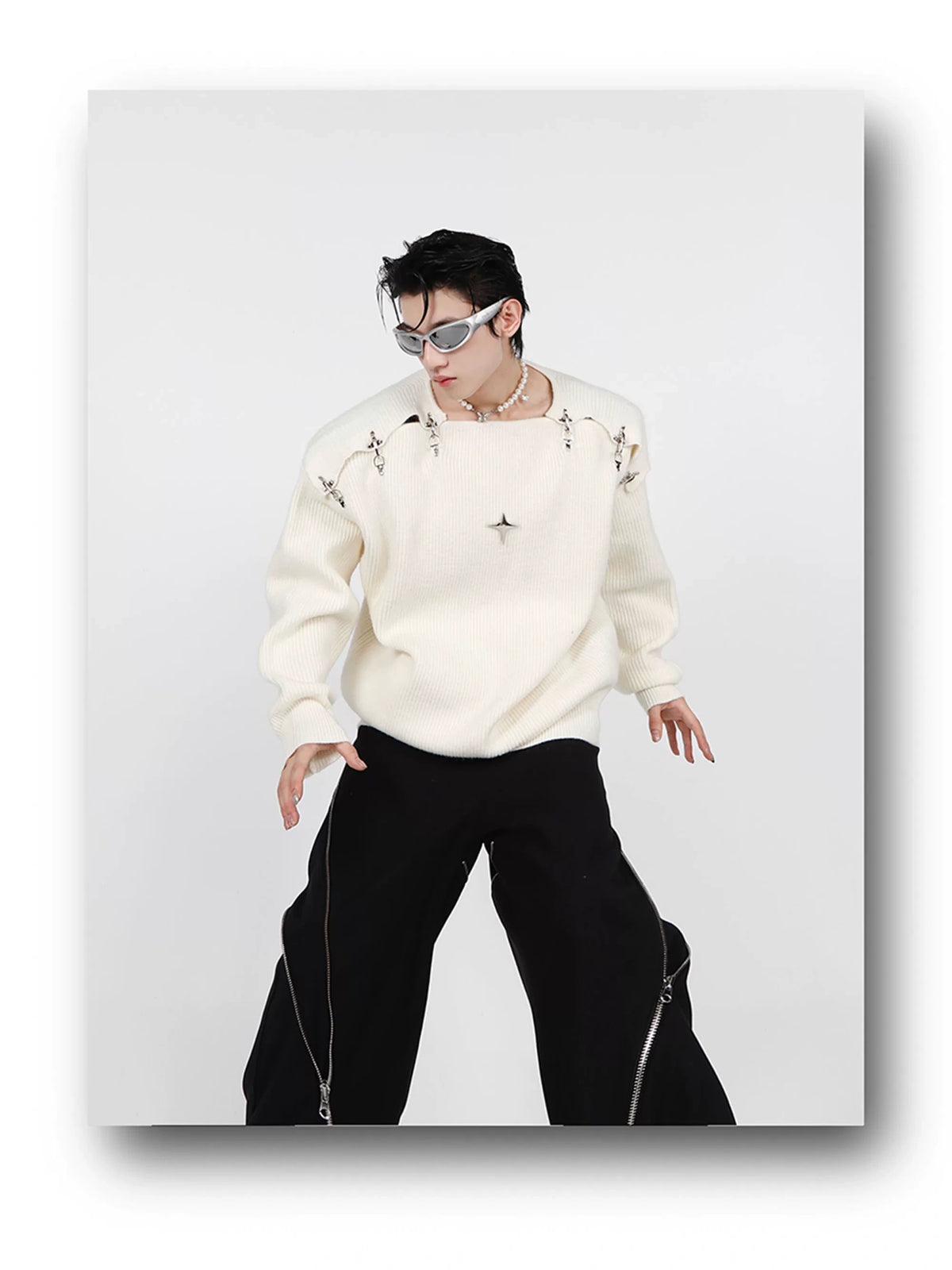 Unisex Metal-Buckle Cutout Knit Sweater | Loose Fit - description image 1