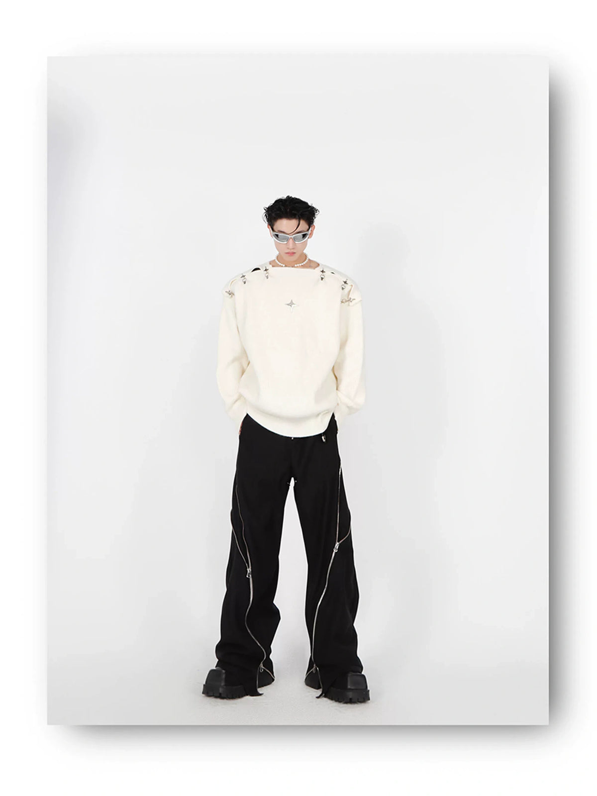 Unisex Metal-Buckle Cutout Knit Sweater | Loose Fit - description image 2
