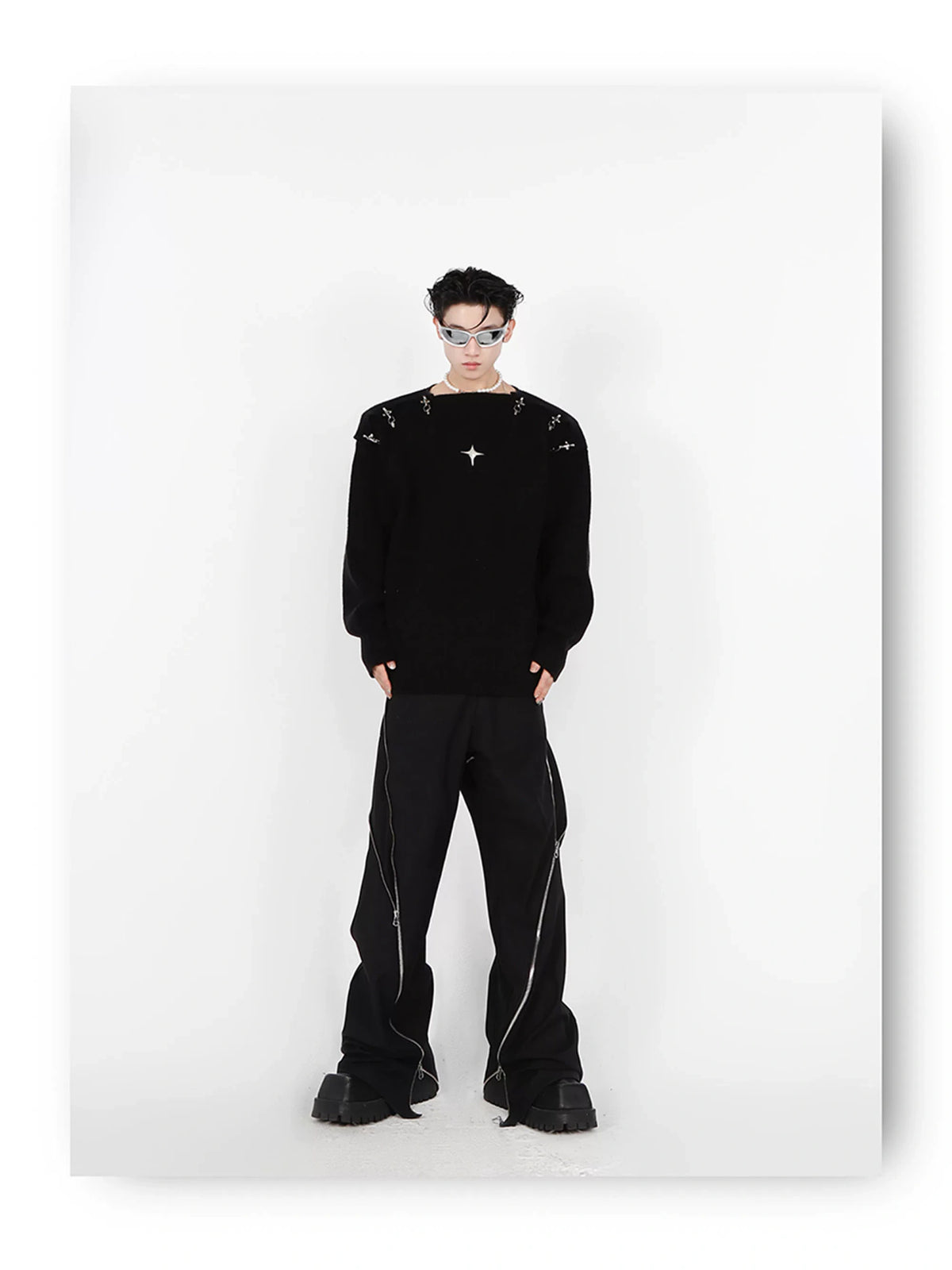 Unisex Metal-Buckle Cutout Knit Sweater | Loose Fit - description image 3