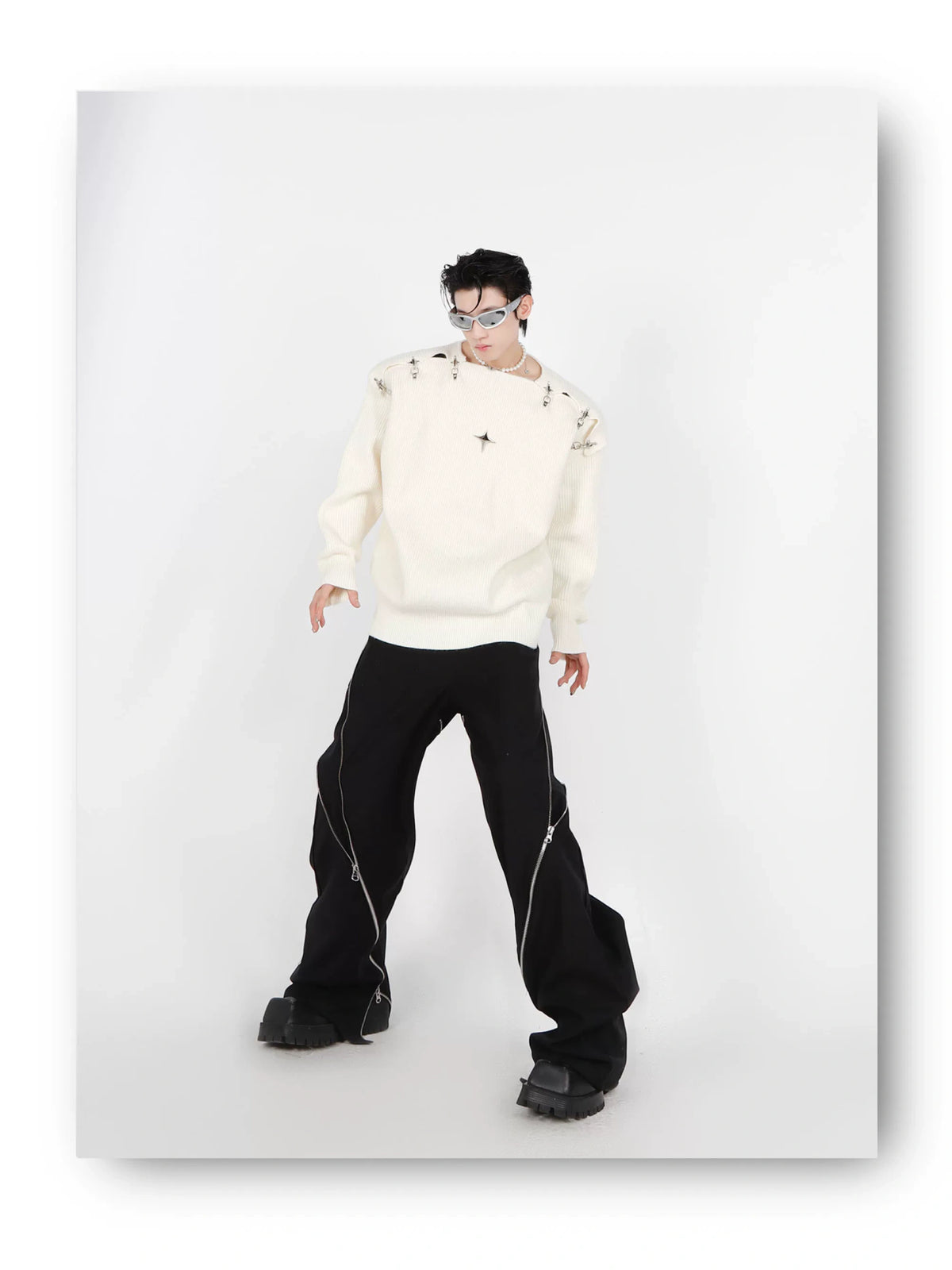 Unisex Metal-Buckle Cutout Knit Sweater | Loose Fit - description image 5