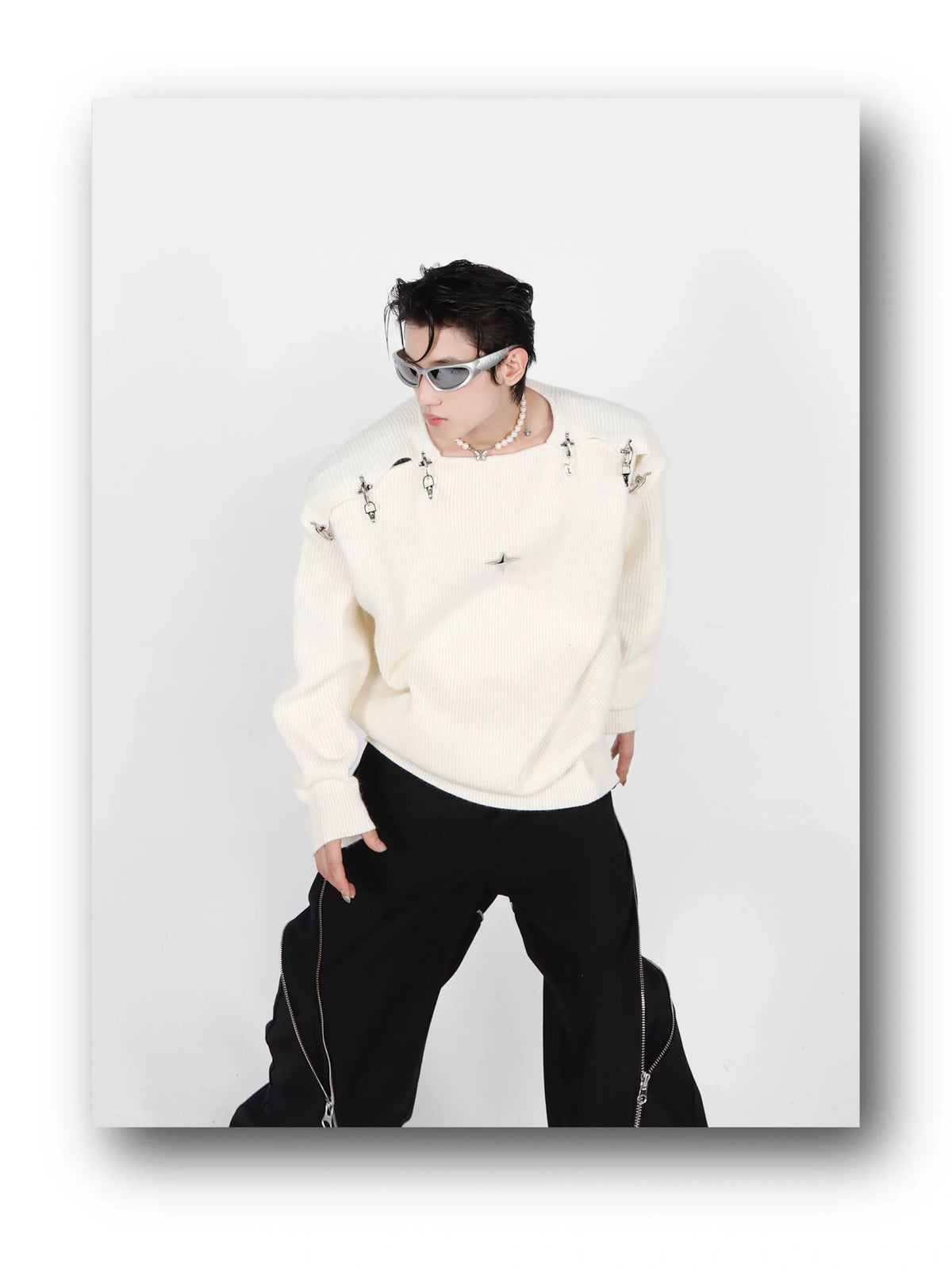 Unisex Metal-Buckle Cutout Knit Sweater | Loose Fit - description image 7