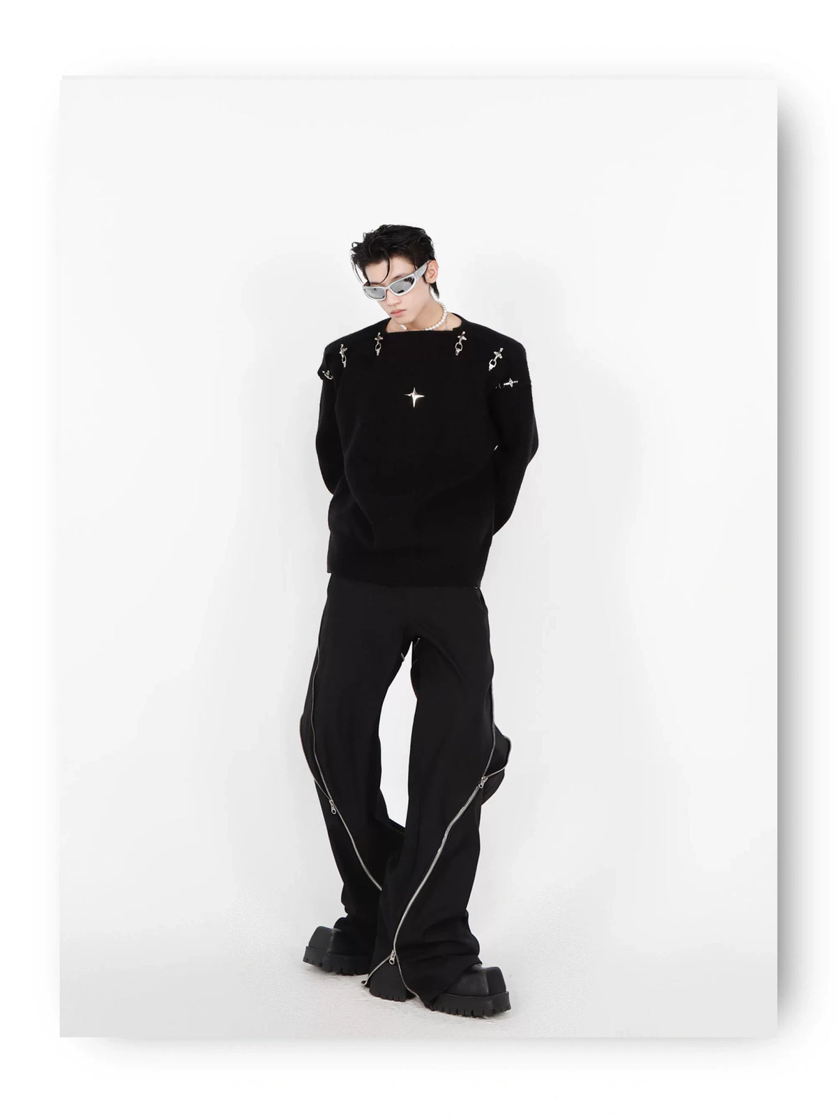 Unisex Metal-Buckle Cutout Knit Sweater | Loose Fit - description image 8