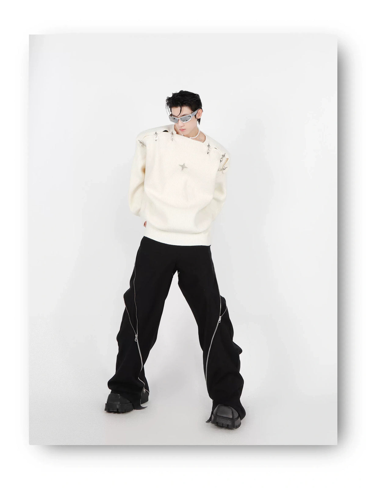 Unisex Metal-Buckle Cutout Knit Sweater | Loose Fit - description image 10