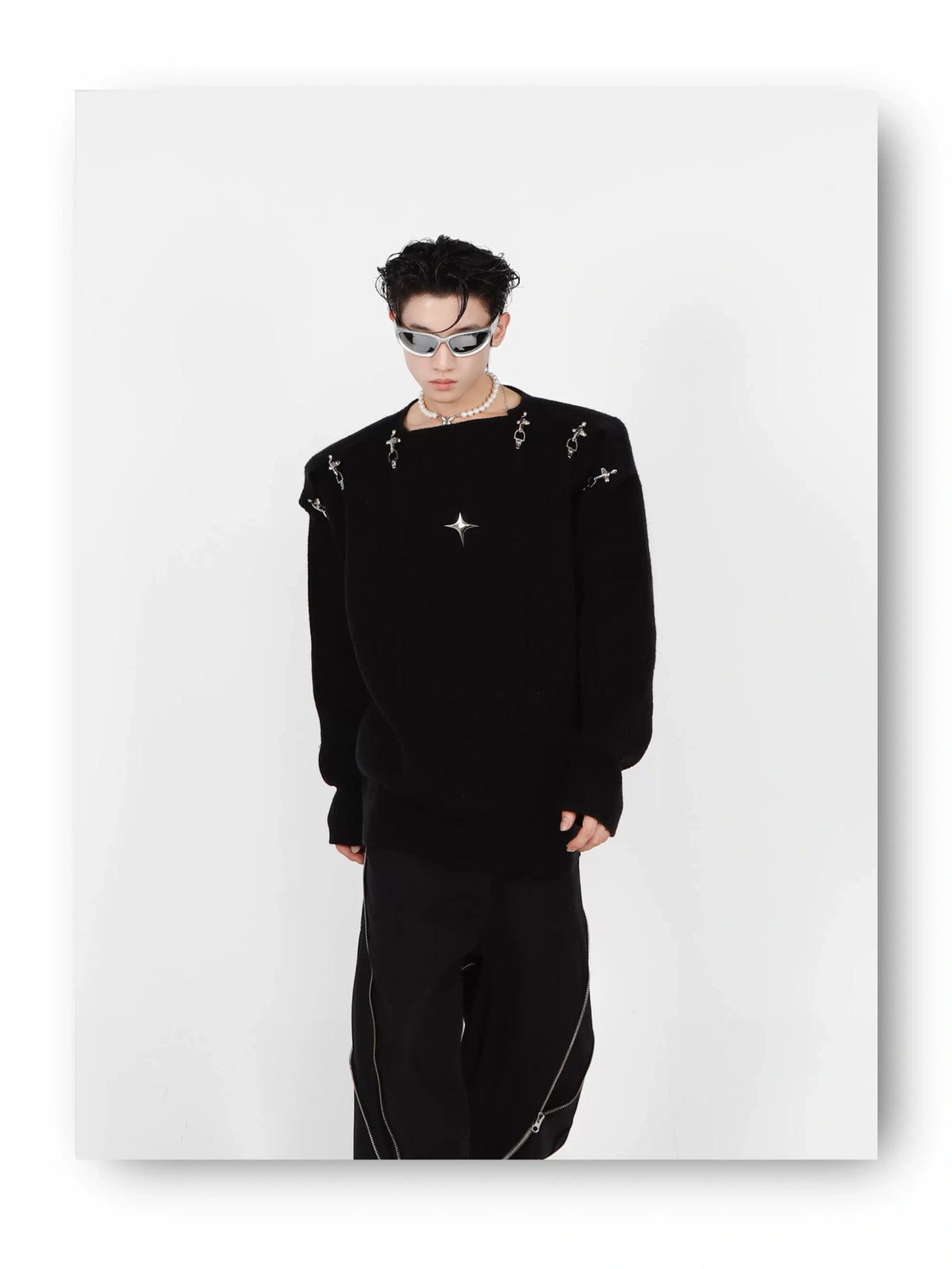 Unisex Metal-Buckle Cutout Knit Sweater | Loose Fit - description image 12