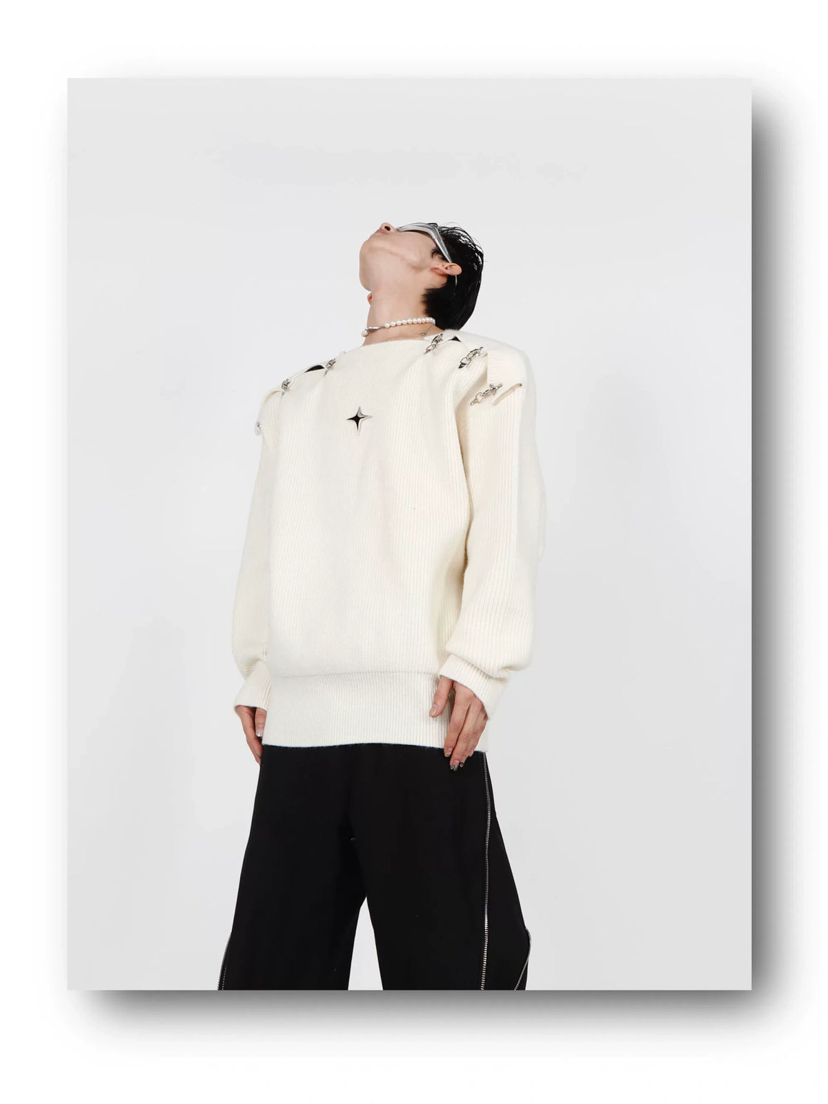 Unisex Metal-Buckle Cutout Knit Sweater | Loose Fit - description image 13