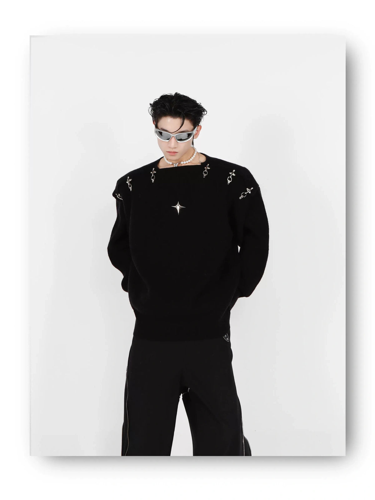 Unisex Metal-Buckle Cutout Knit Sweater | Loose Fit - description image 14