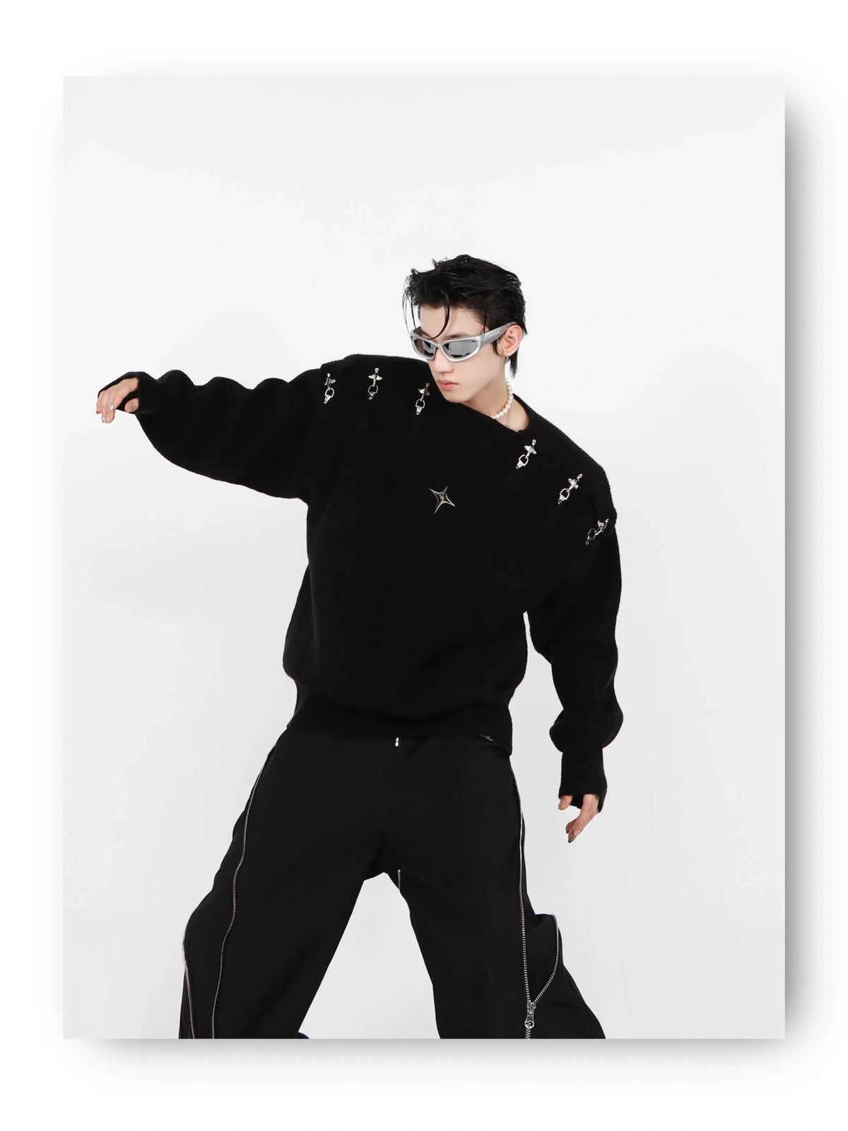 Unisex Metal-Buckle Cutout Knit Sweater | Loose Fit - description image 15