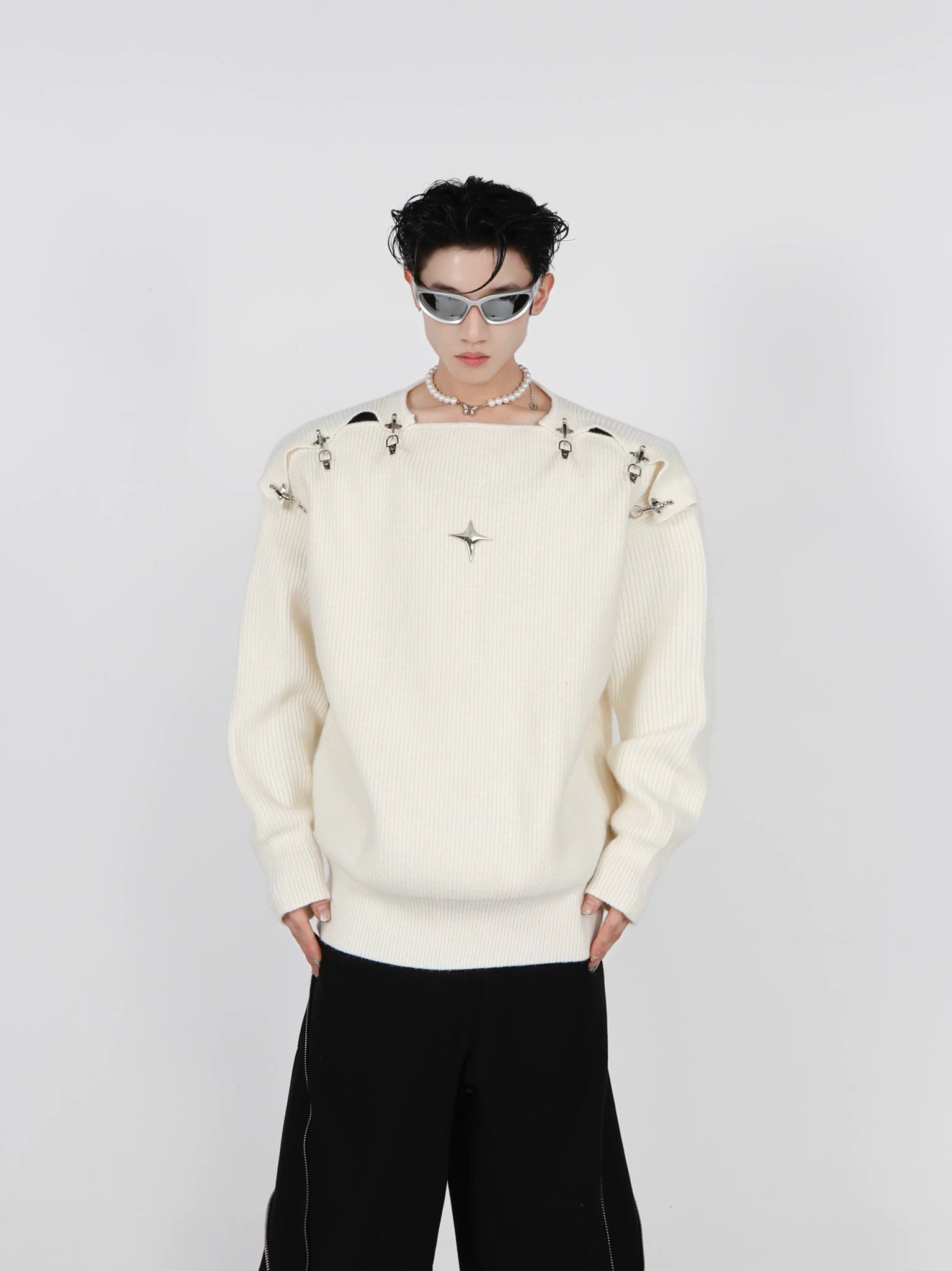 Unisex Metal-Buckle Cutout Knit Sweater | Loose Fit - main image 1