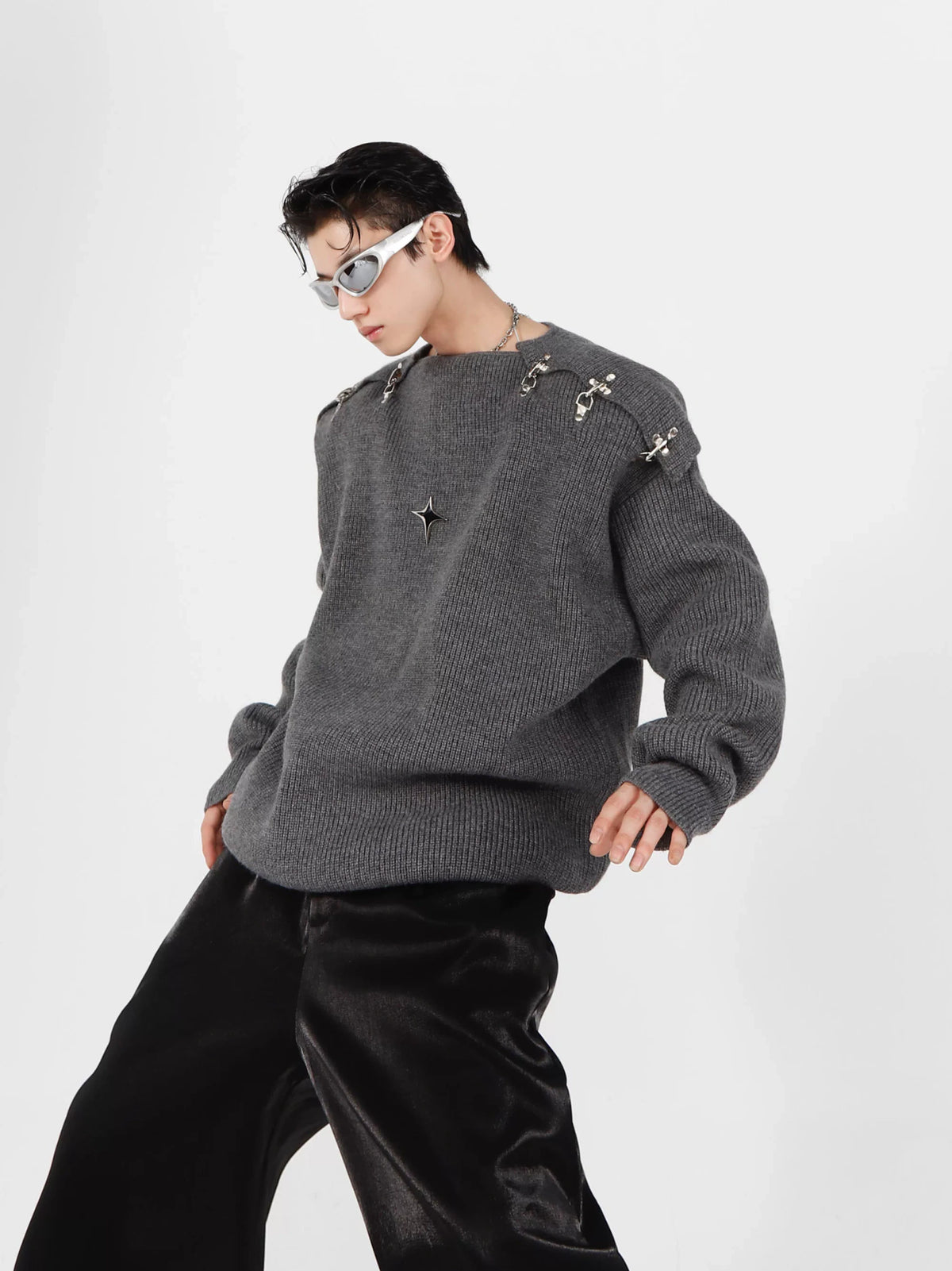 Unisex Metal-Buckle Cutout Knit Sweater | Loose Fit - main image 3