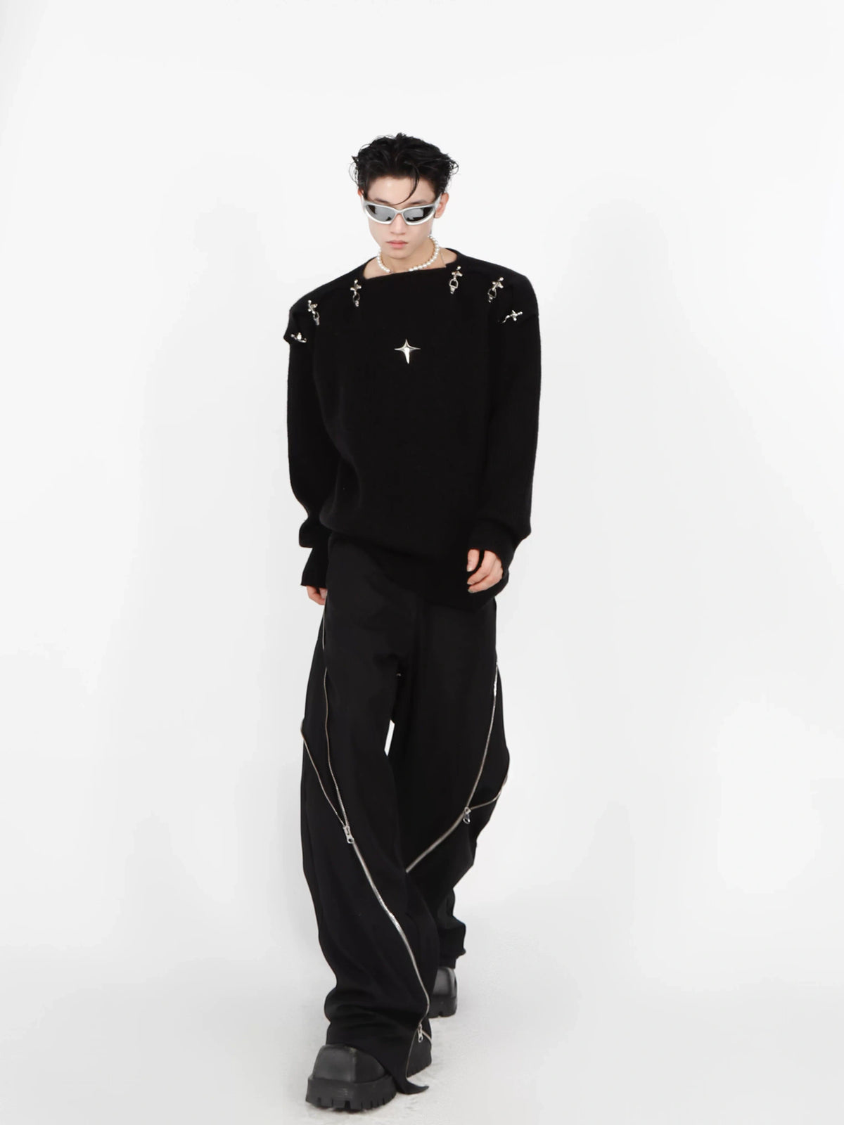Unisex Metal-Buckle Cutout Knit Sweater | Loose Fit - main image 5