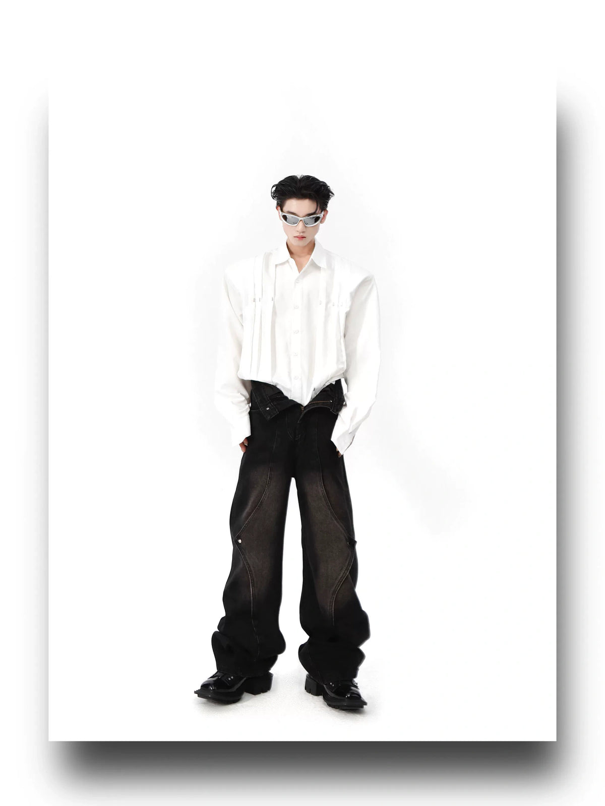 Metal Stud Cropped Shirt | Cotton Wrinkle Detail - description image 2