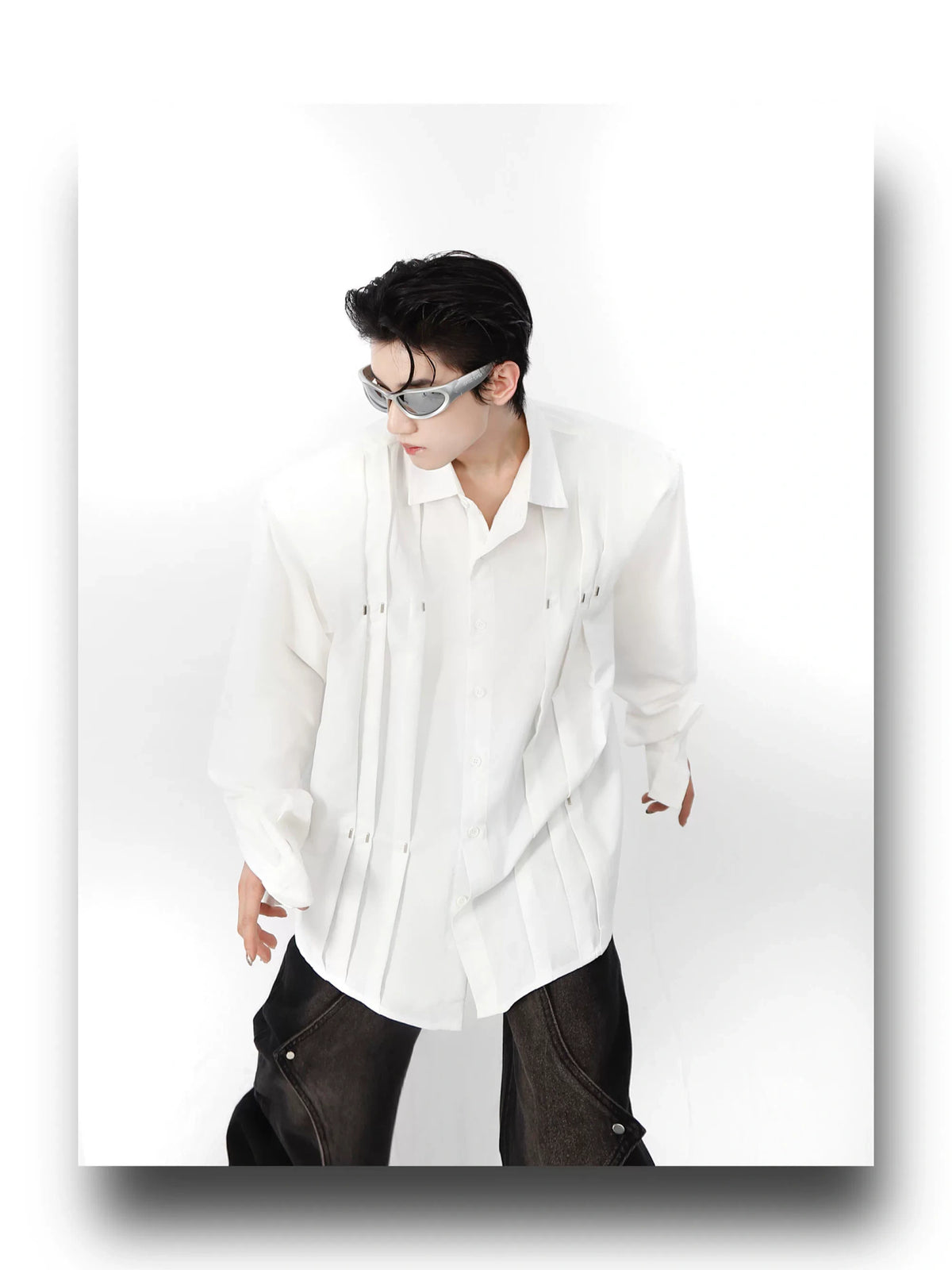 Metal Stud Cropped Shirt | Cotton Wrinkle Detail - description image 3