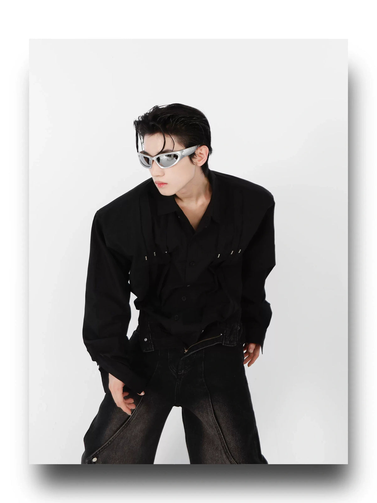 Metal Stud Cropped Shirt | Cotton Wrinkle Detail - description image 4