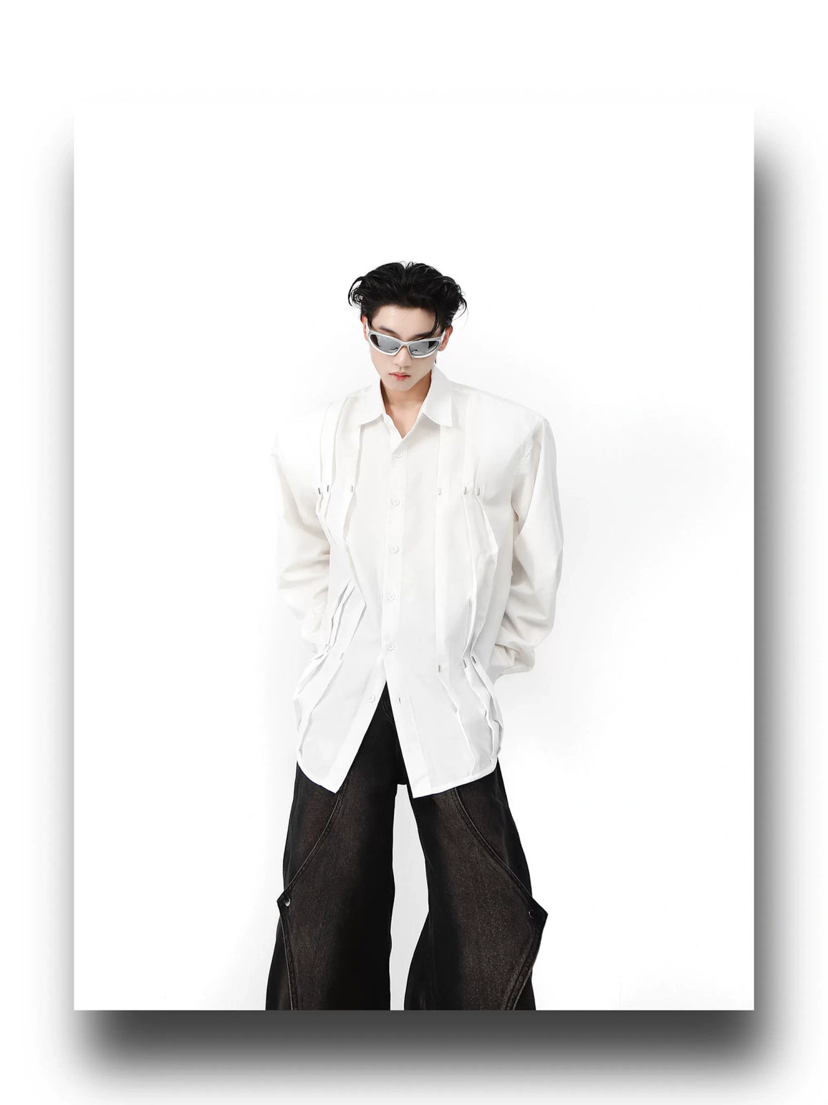 Metal Stud Cropped Shirt | Cotton Wrinkle Detail - description image 6