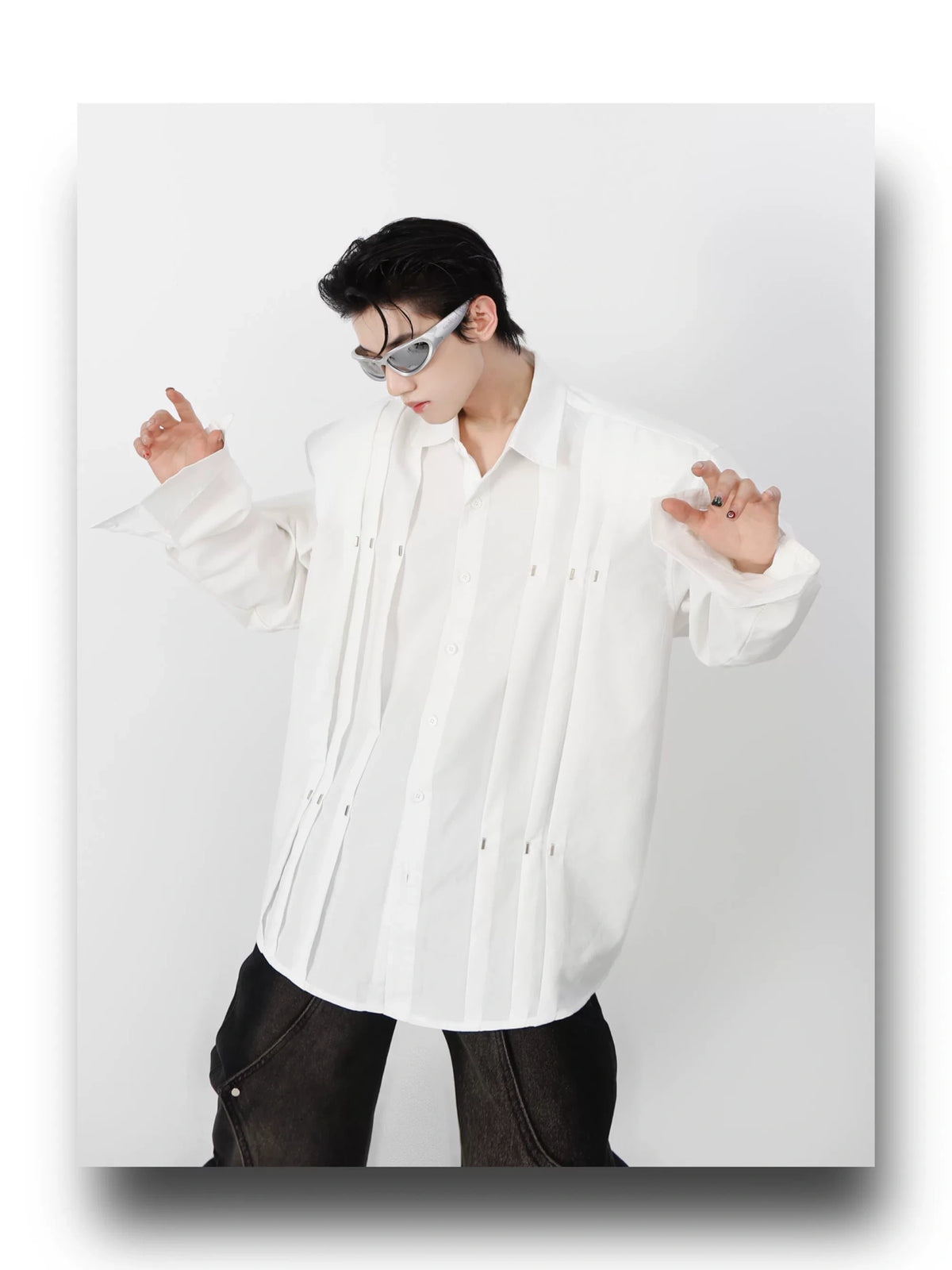 Metal Stud Cropped Shirt | Cotton Wrinkle Detail - description image 9
