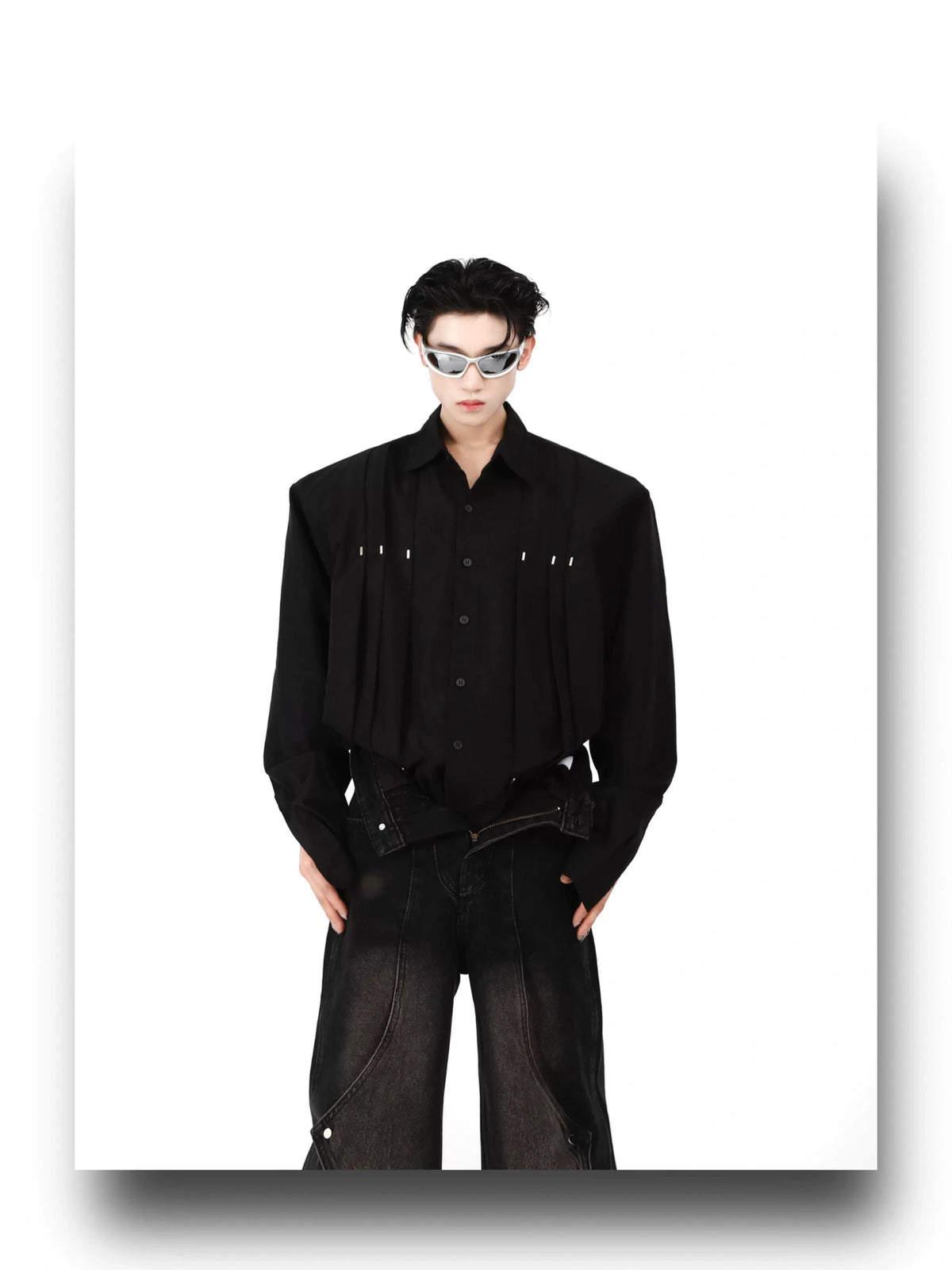 Metal Stud Cropped Shirt | Cotton Wrinkle Detail - description image 10
