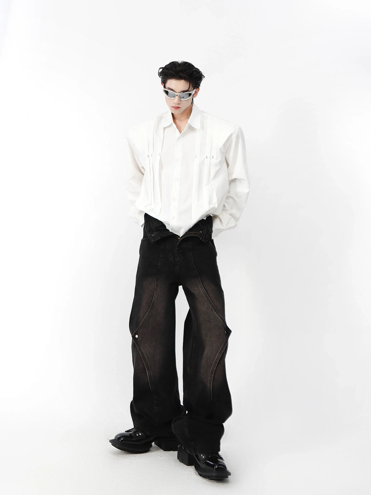 Metal Stud Cropped Shirt | Cotton Wrinkle Detail - main image 4