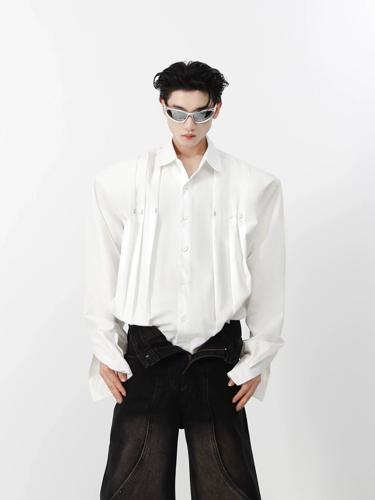 Metal Stud Cropped Shirt | Cotton Wrinkle Detail - White