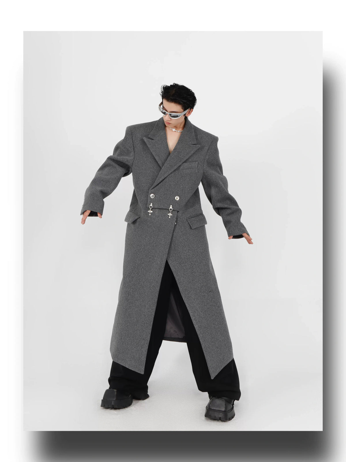 Wool-Blend Longline Coat with Metal Airplane Closures - description image 3