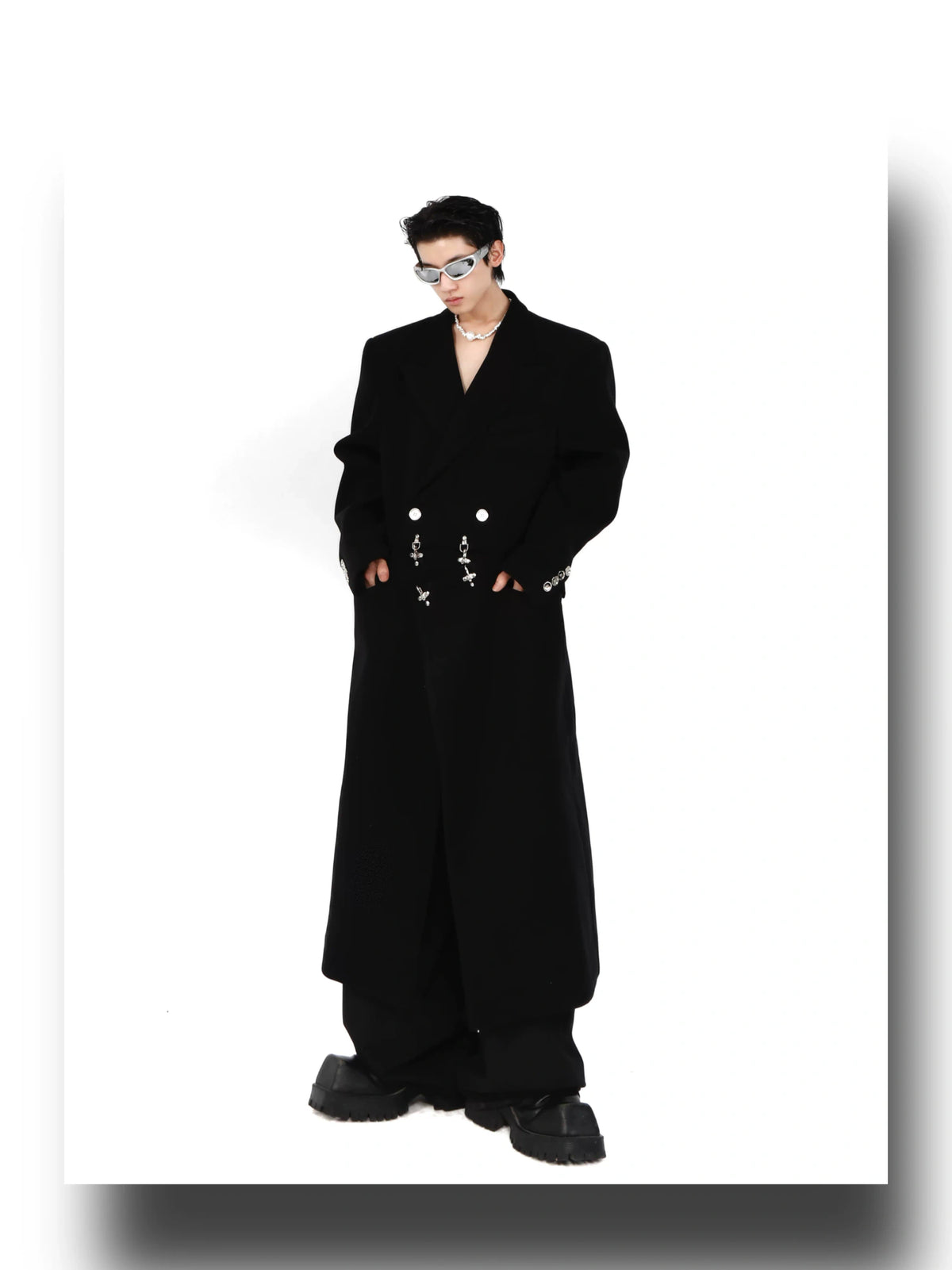 Wool-Blend Longline Coat with Metal Airplane Closures - description image 6