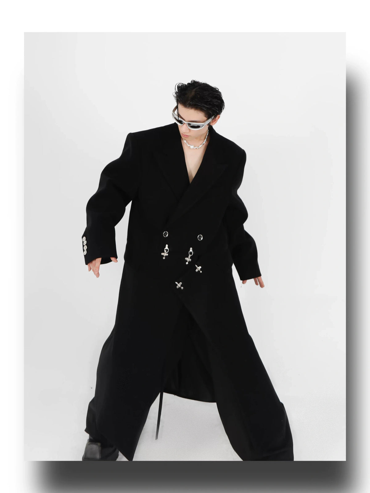 Wool-Blend Longline Coat with Metal Airplane Closures - description image 7