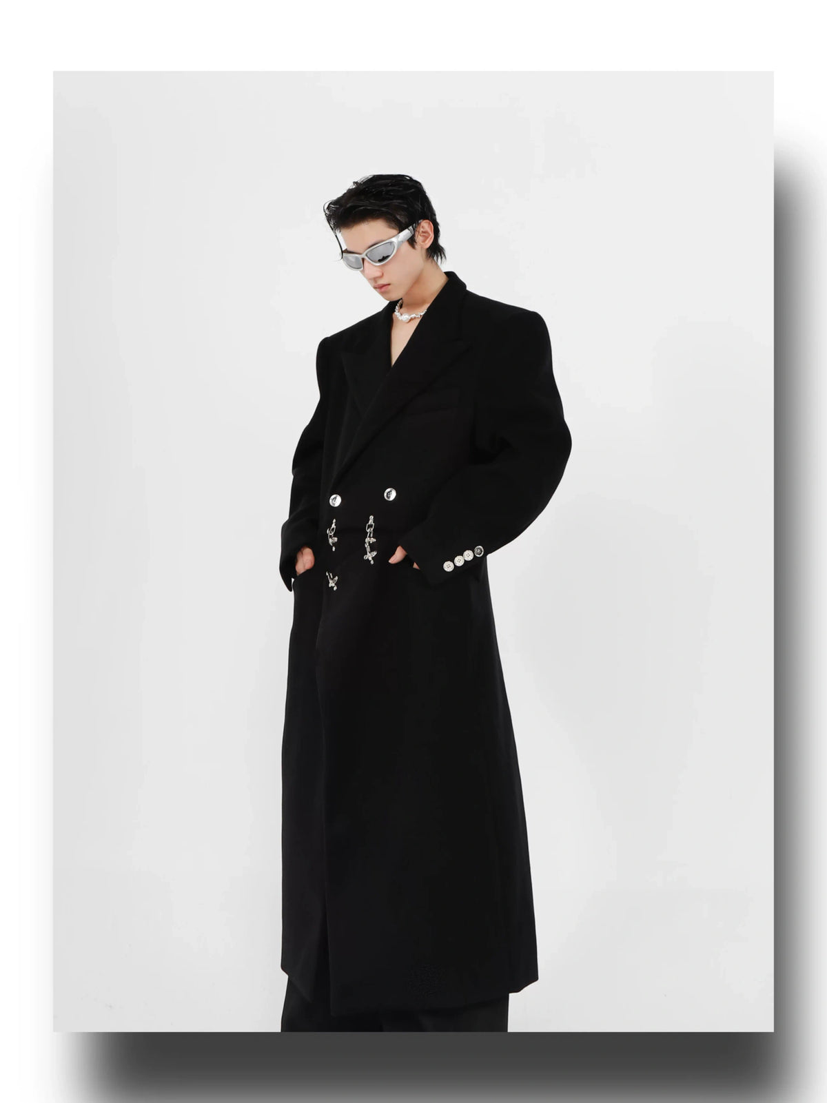 Wool-Blend Longline Coat with Metal Airplane Closures - description image 9