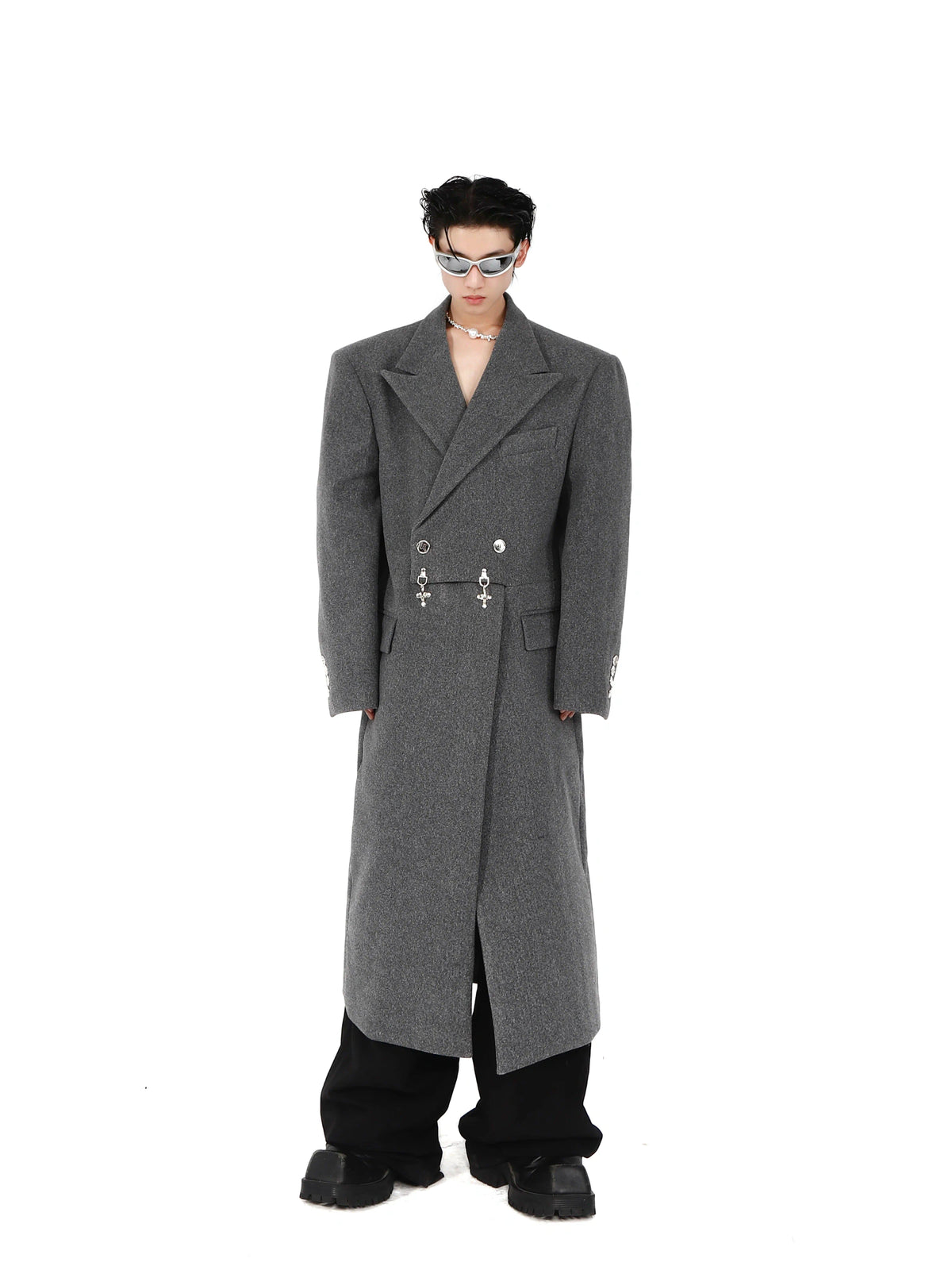 Wool-Blend Longline Coat with Metal Airplane Closures - Gray