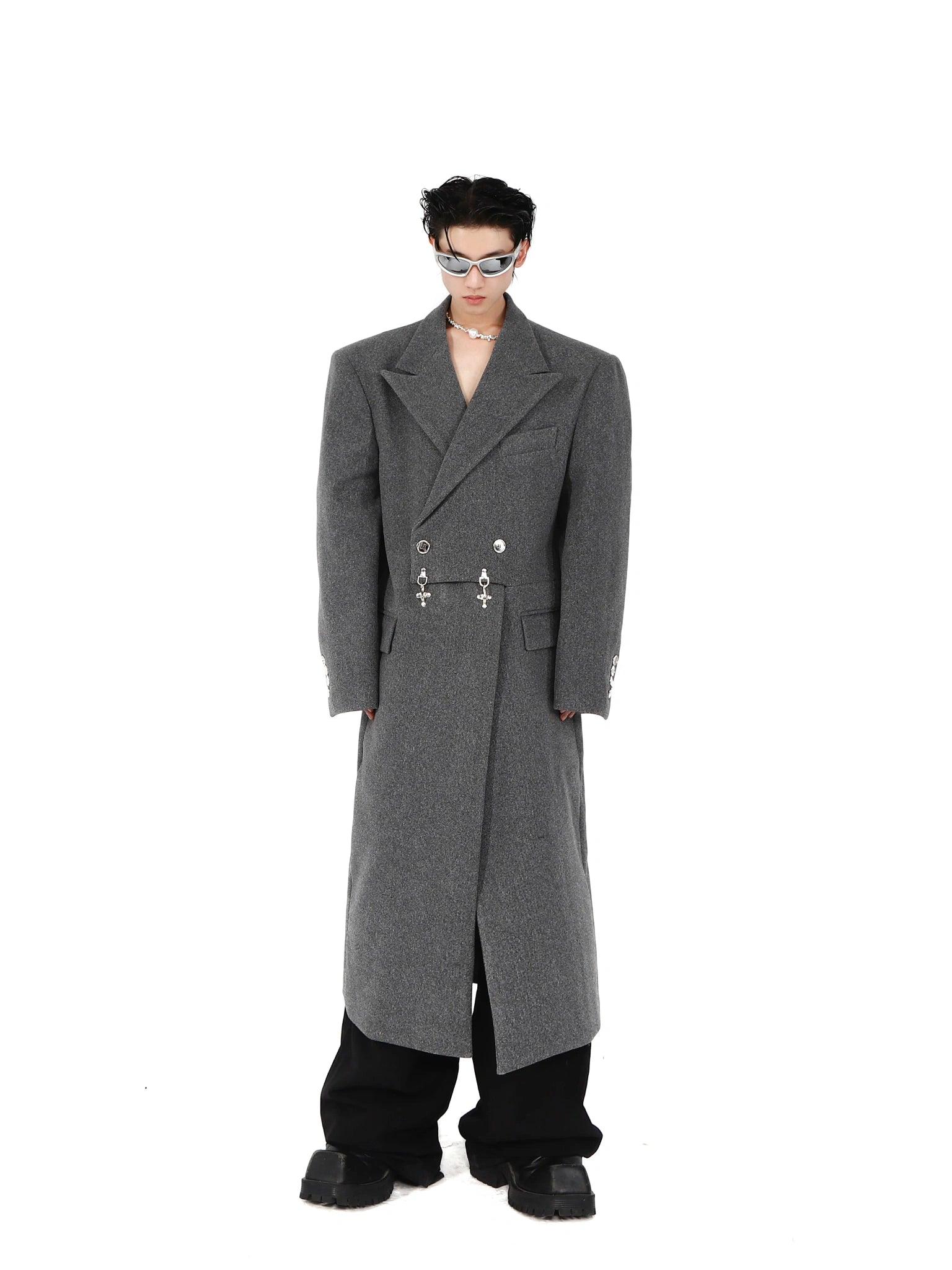 Wool-Blend Longline Coat with Metal Airplane Closures - Gray