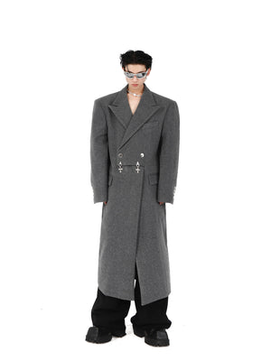Wool-Blend Longline Coat with Metal Airplane Closures - Gray