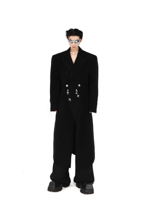 Wool-Blend Longline Coat with Metal Airplane Closures - Black