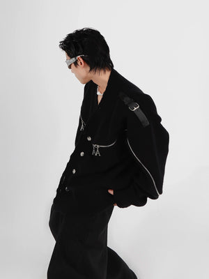 Deconstructed Zip V-Neck Cardigan Sweater | Gray & Black - main image 2