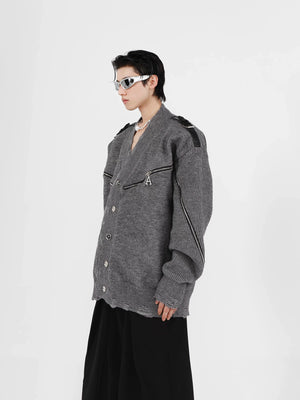 Deconstructed Zip V-Neck Cardigan Sweater | Gray & Black - main image 3
