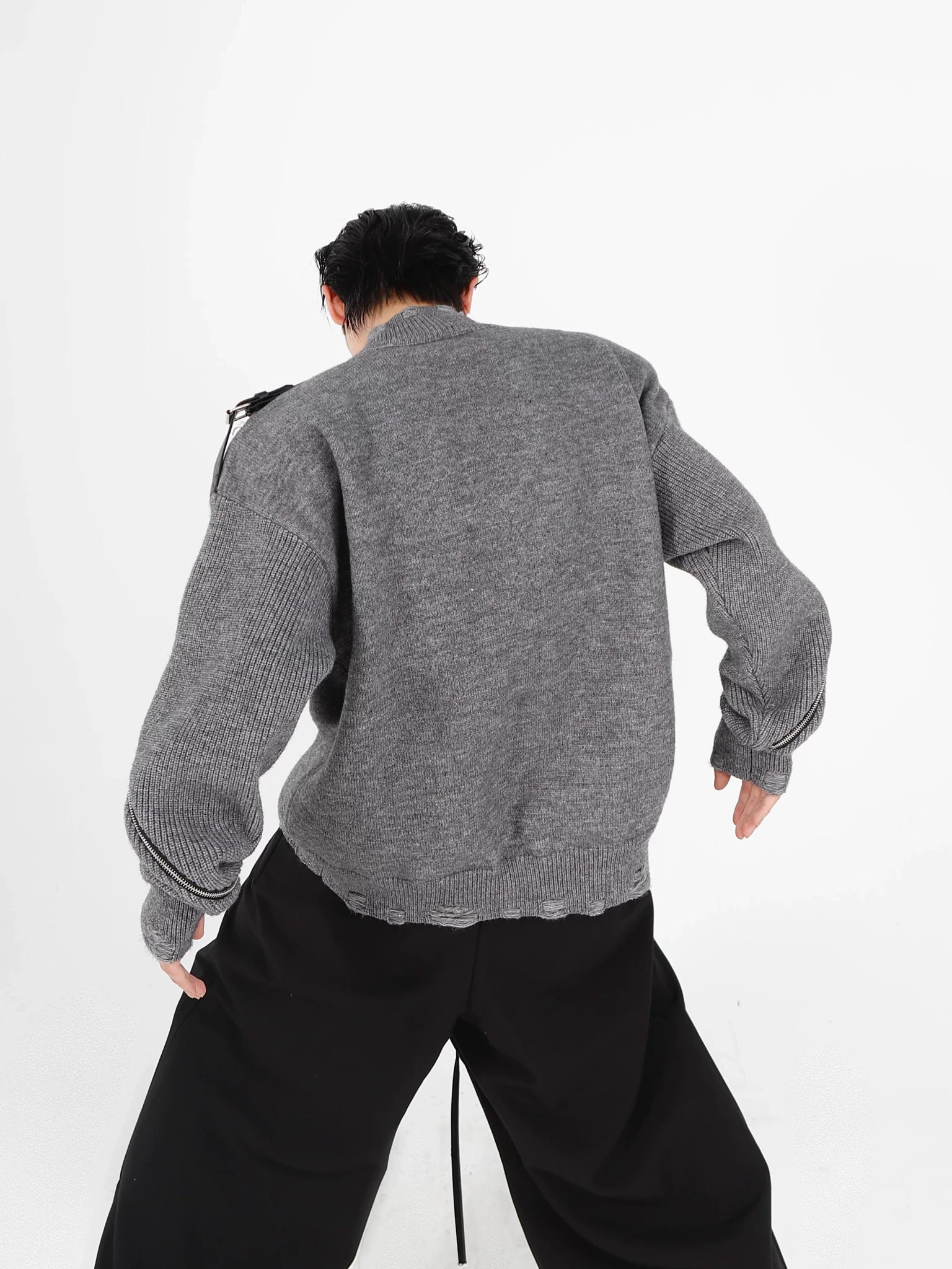 Deconstructed Zip V-Neck Cardigan Sweater | Gray & Black - main image 5