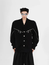 Deconstructed Zip V-Neck Cardigan Sweater | Gray & Black - Black